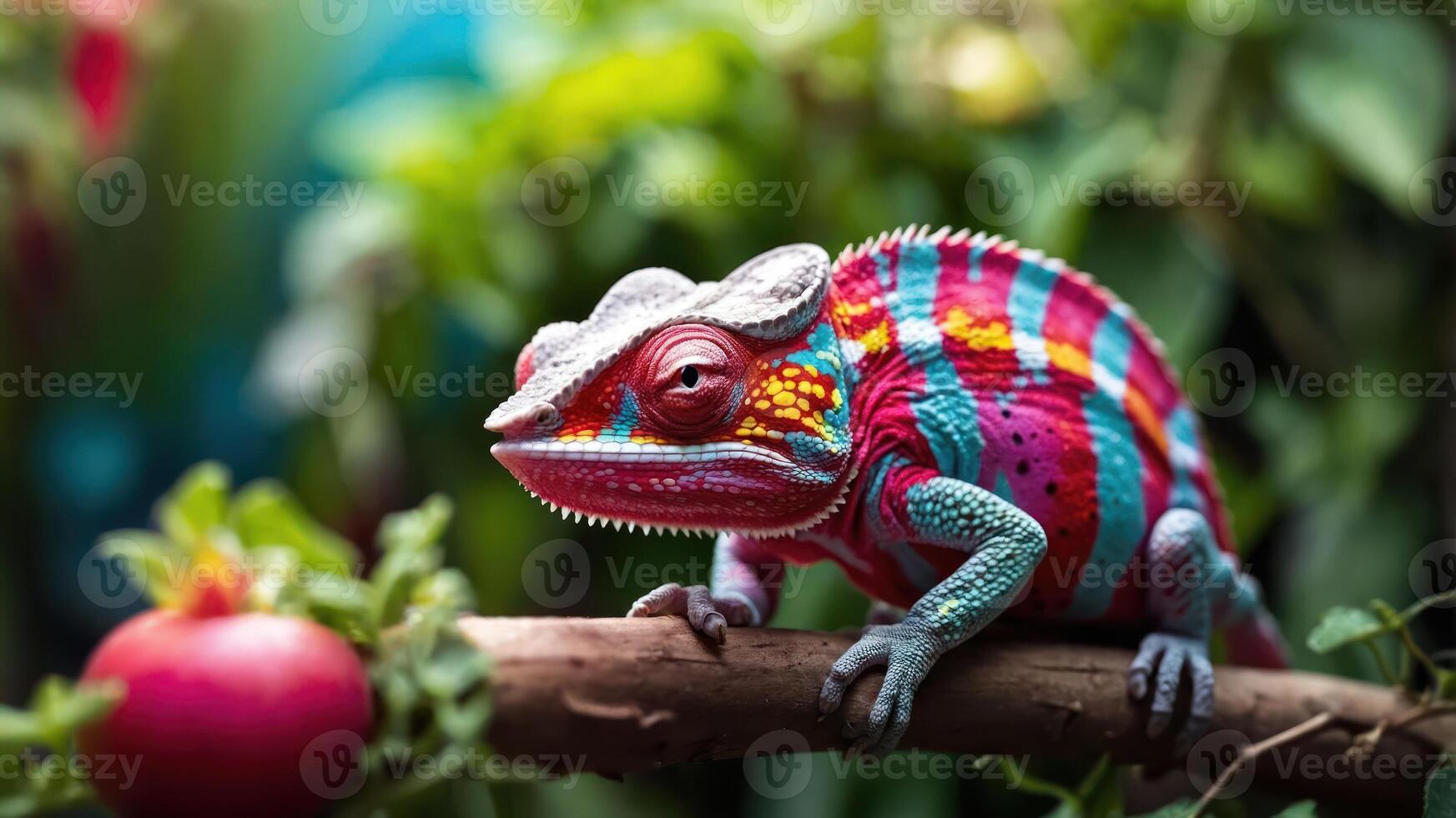 A vibrant chameleon perched on a branch amidst lush greenery. photo