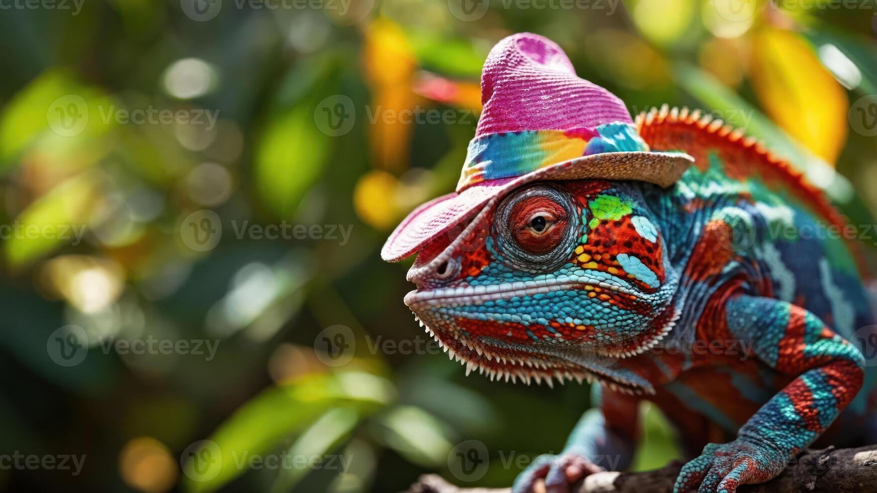 A colorful chameleon wearing a vibrant hat, set against a lush green background. photo
