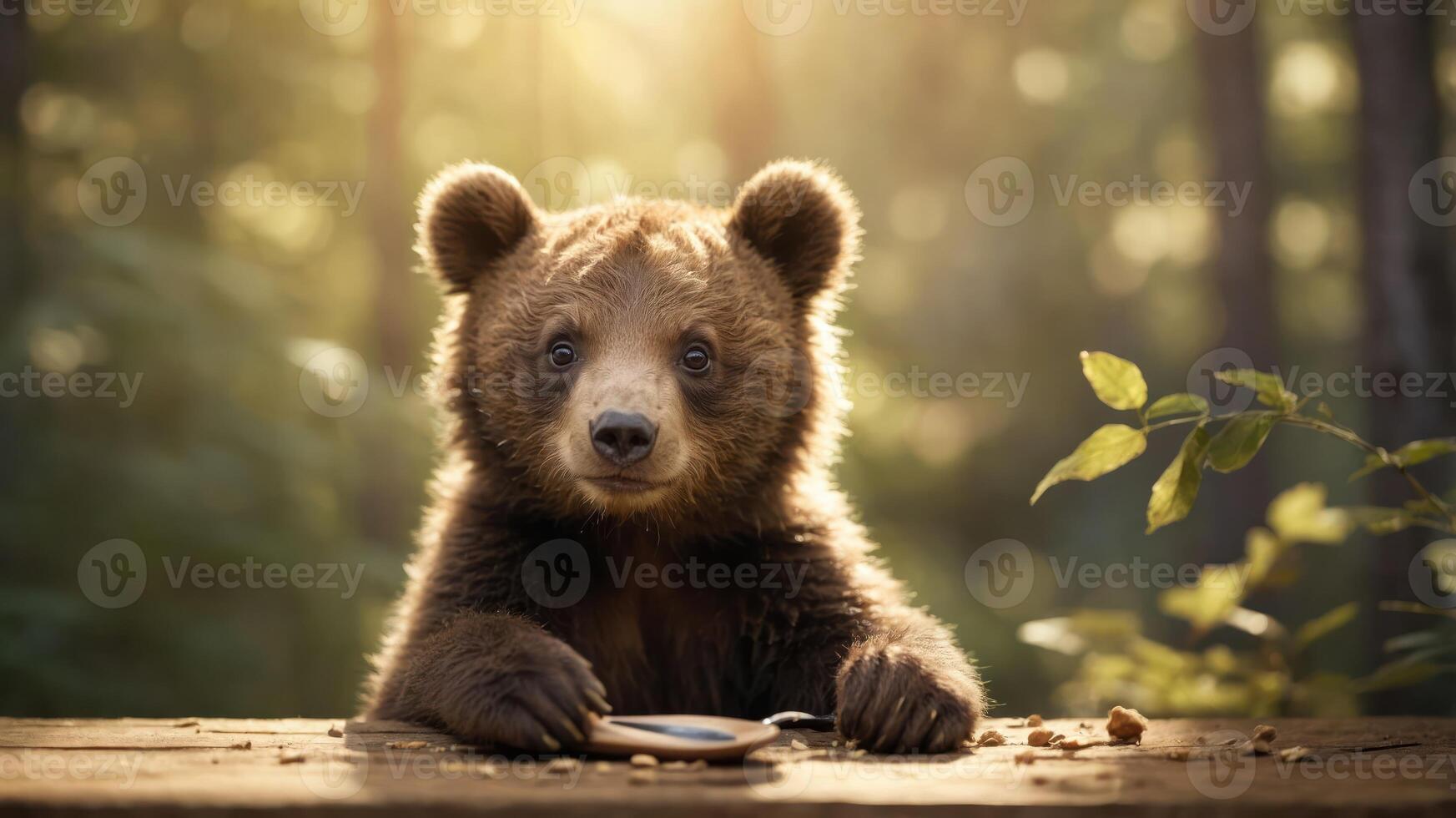 A curious bear sits at a table in a forest, gazing at a bowl with a serene expression. photo