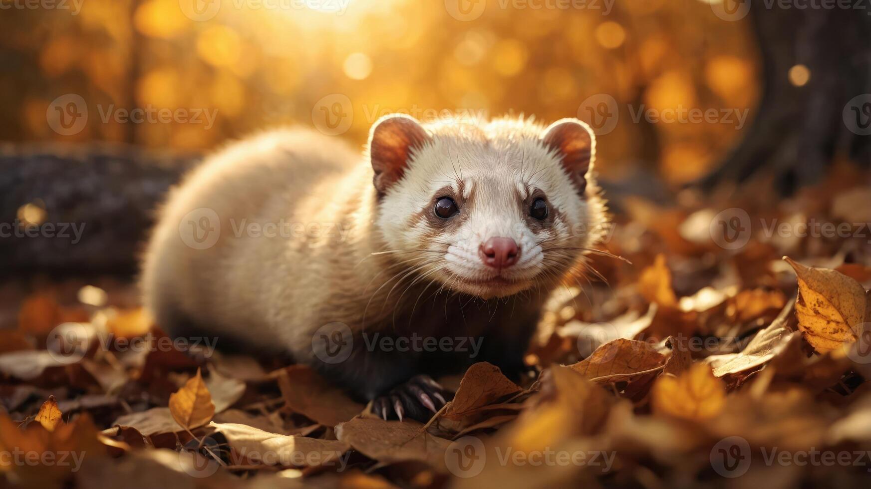 A close-up of a cute ferret among autumn leaves, illuminated by warm sunlight. photo