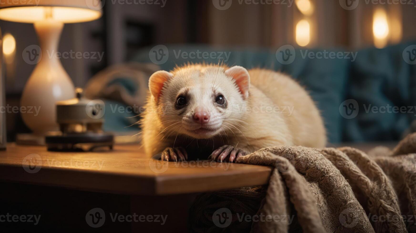 A close-up of a ferret resting on a wooden table in a cozy, softly lit room. photo