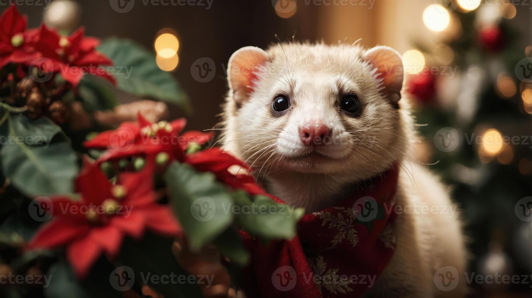 A cute ferret wearing a festive scarf surrounded by holiday decorations. photo