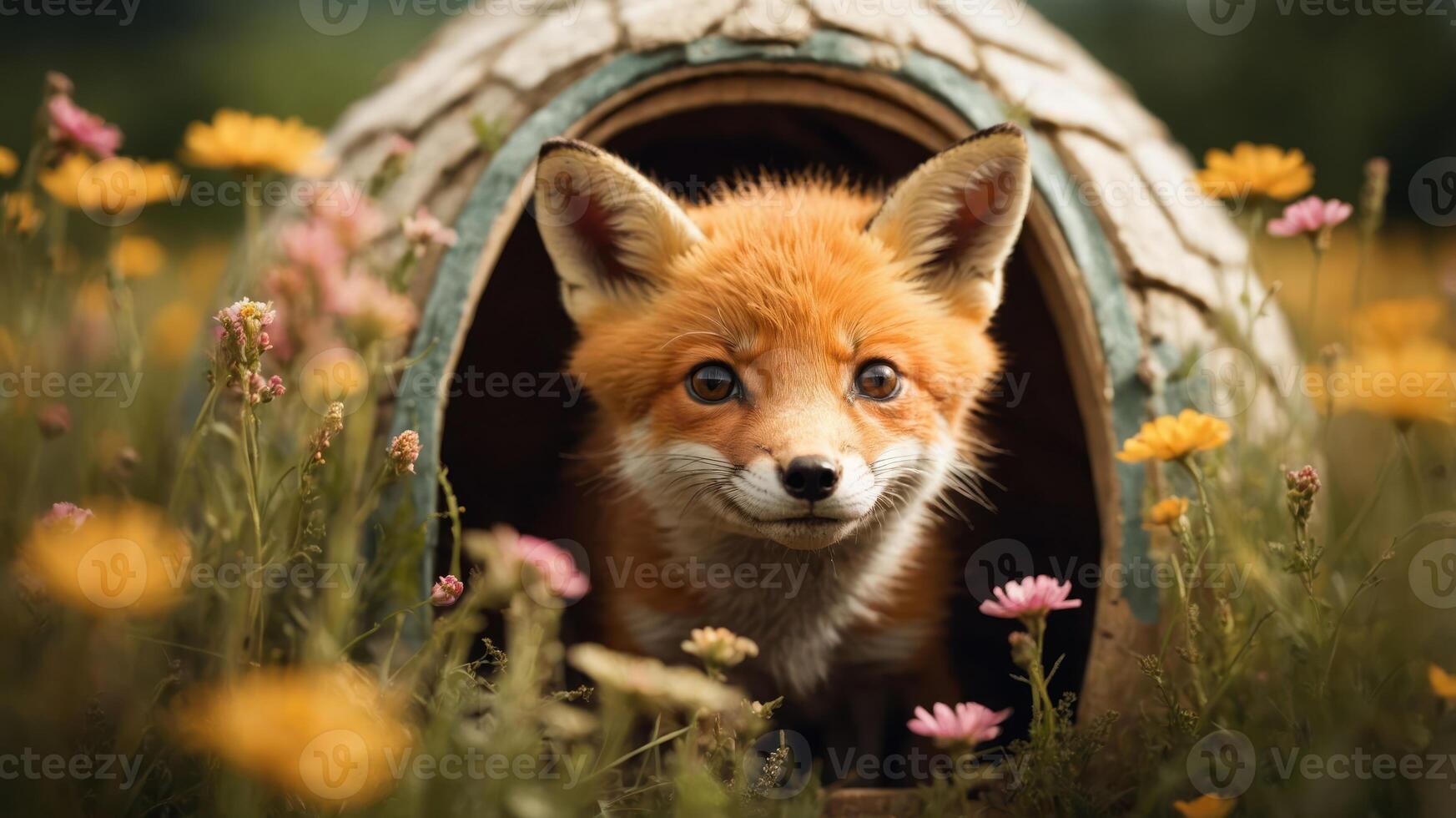 A fox peeks out from a cozy den surrounded by colorful wildflowers. photo