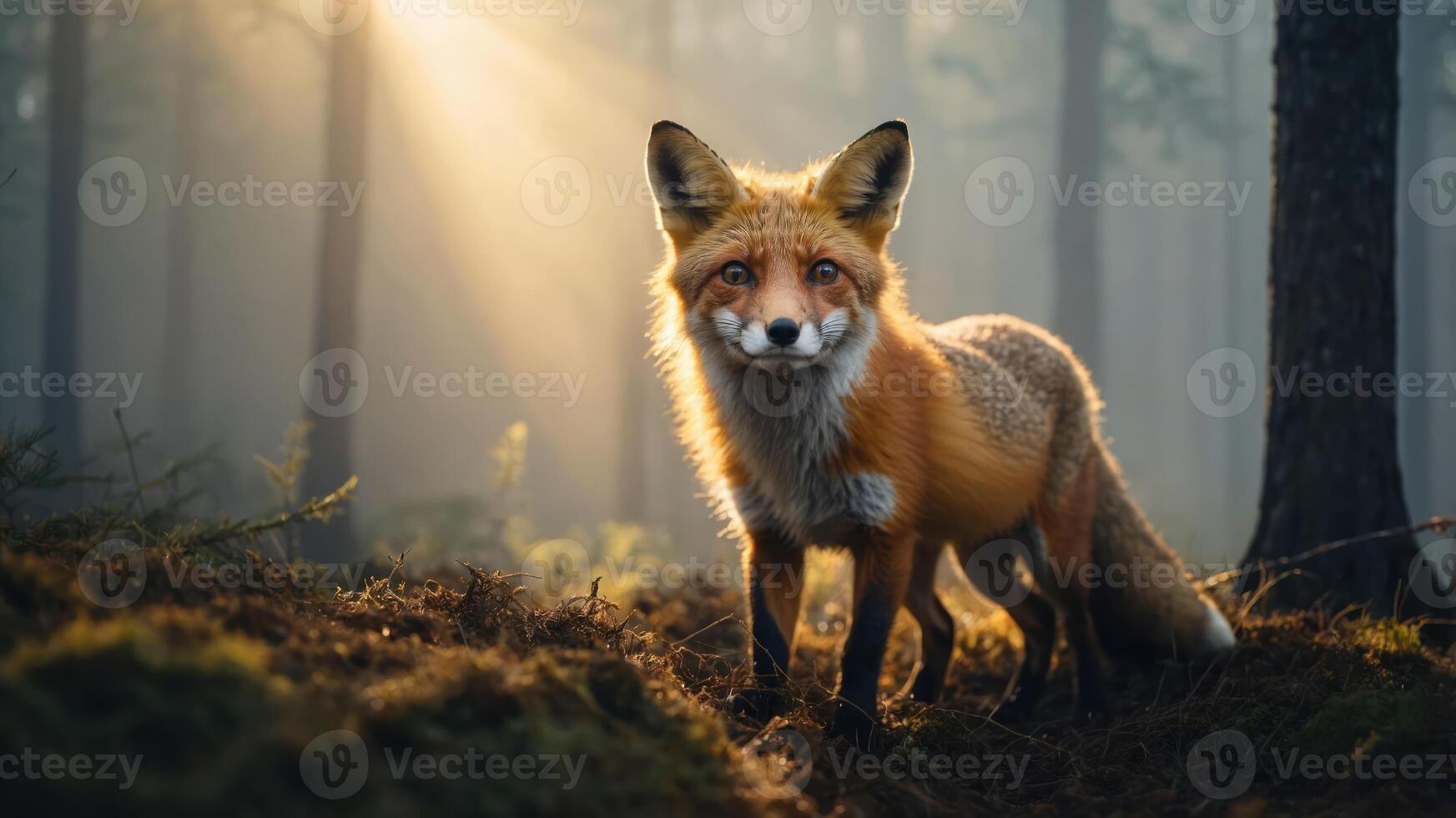 A fox stands in a misty forest, illuminated by soft sunlight filtering through the trees. photo