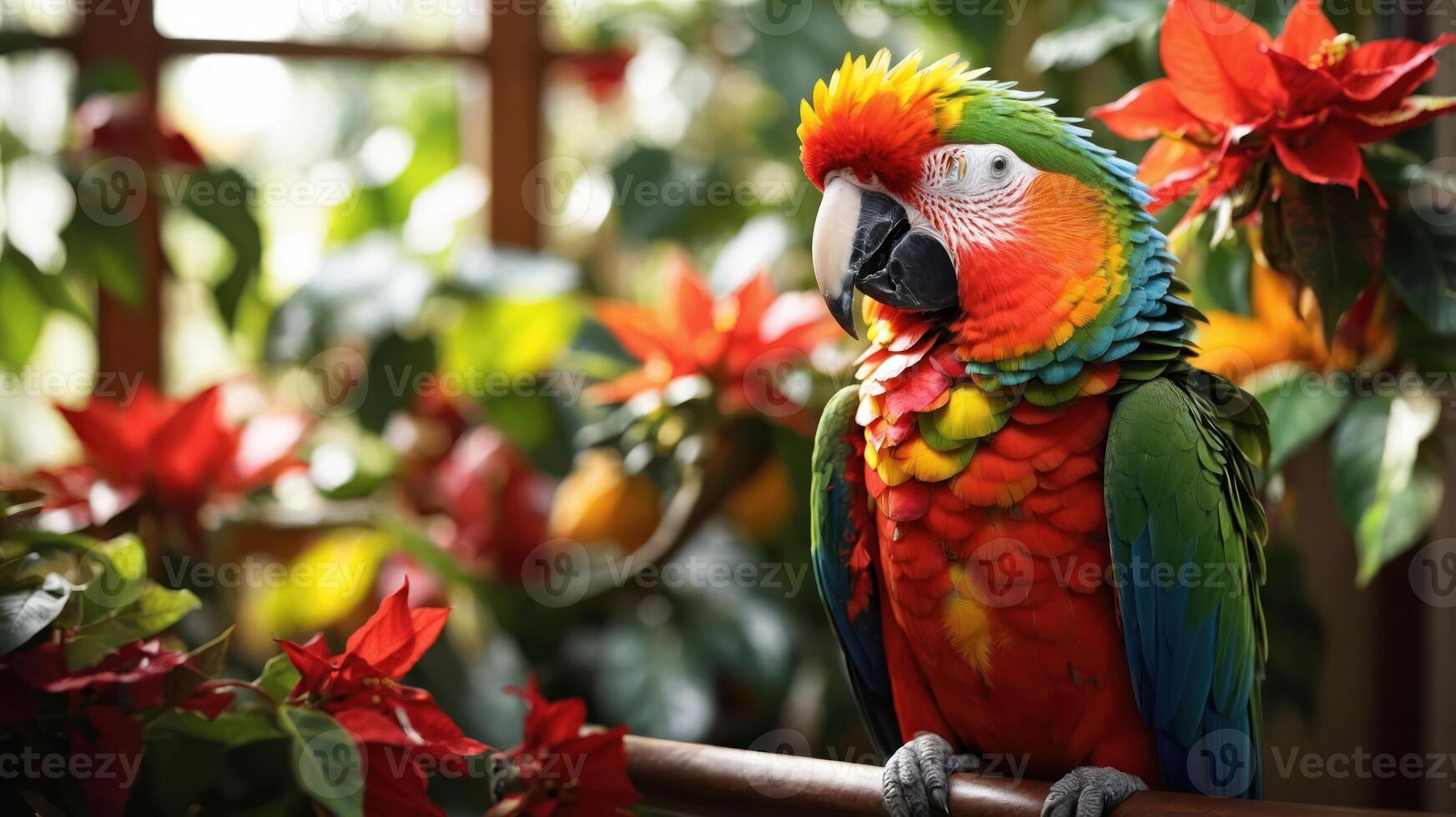 A colorful parrot perched among vibrant flowers in a lush indoor setting. photo