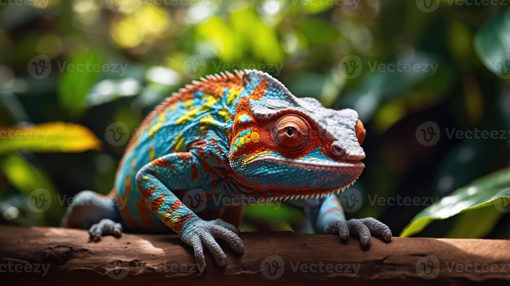 A vibrant chameleon perched on a branch amidst lush greenery. photo