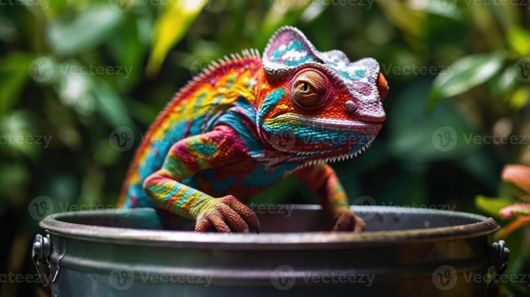 A colorful chameleon peeking out from a metal bucket amidst lush greenery. photo