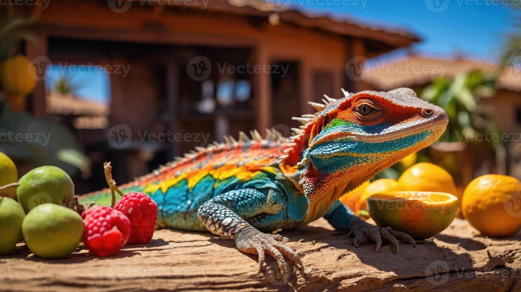 A colorful lizard rests on a log beside fresh fruits in a vibrant outdoor setting. photo