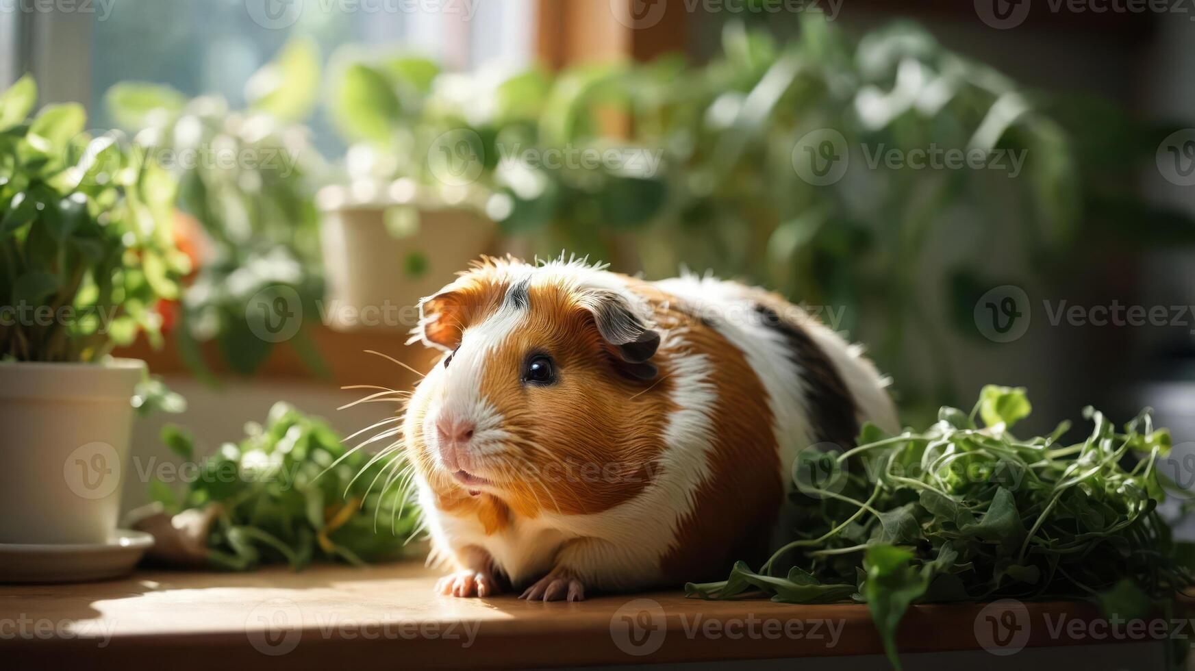 A guinea pig resting among fresh greens in a sunlit indoor setting. photo