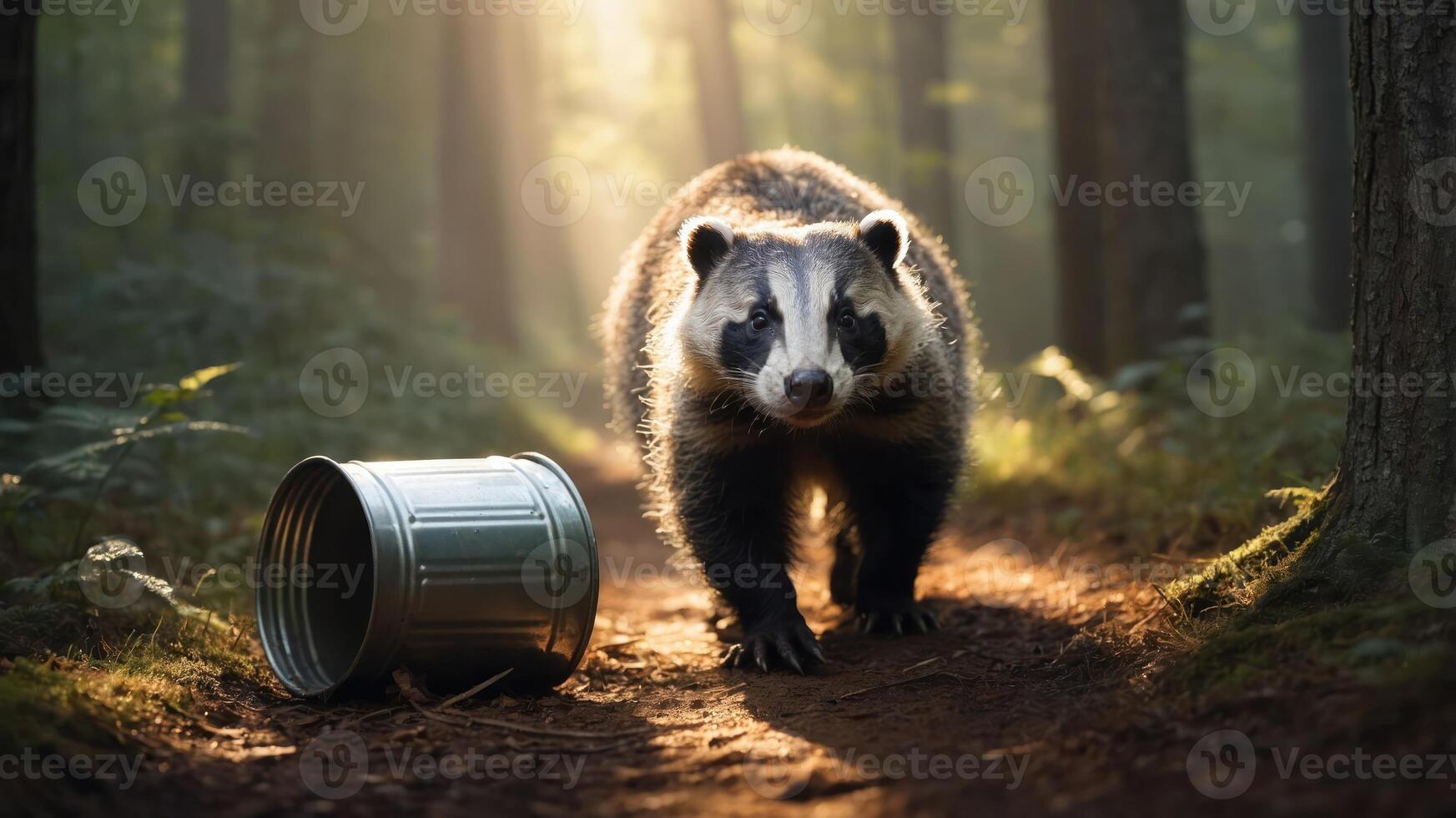 A badger stands on a forest path beside a tipped-over trash can, illuminated by sunlight. photo