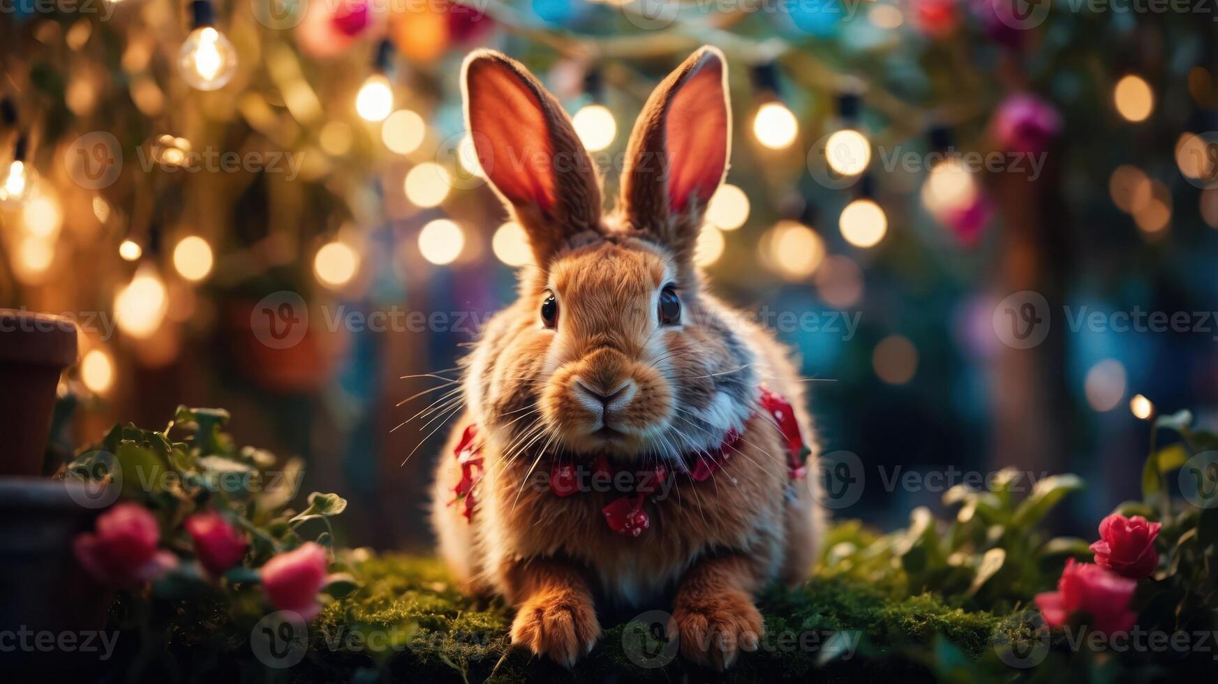 A charming rabbit adorned with flowers, set against a backdrop of warm fairy lights. photo