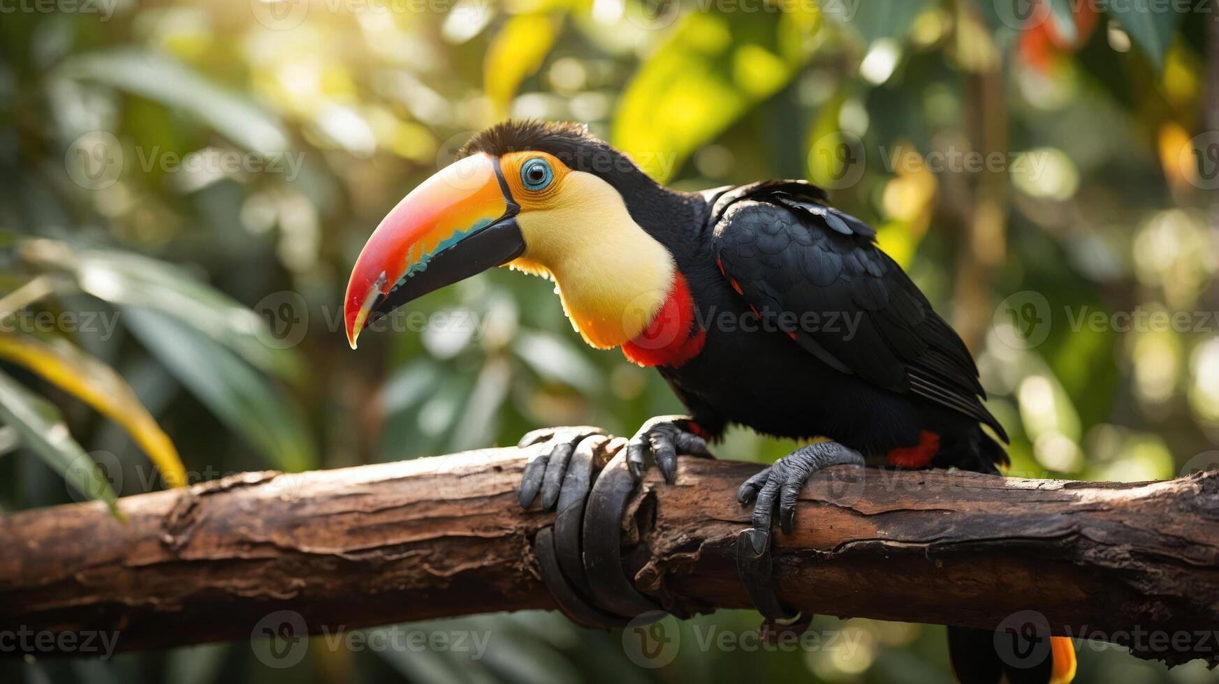 A vibrant toucan perched on a branch in a lush, green environment. photo