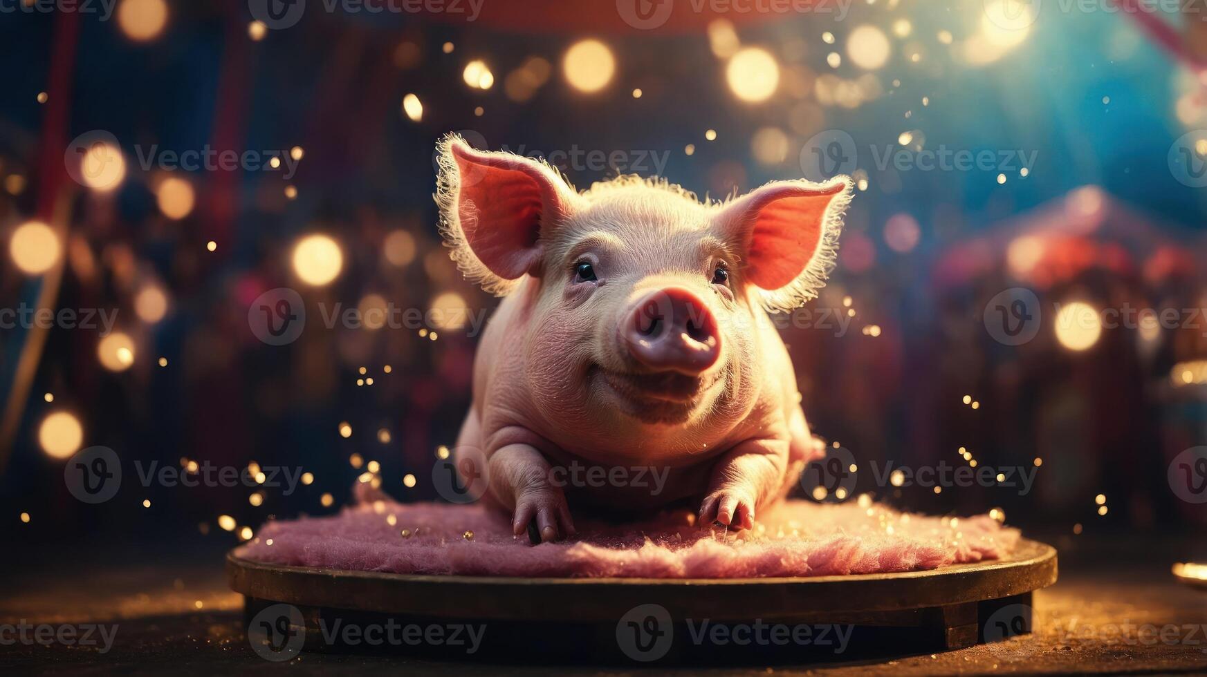 A cute pig resting on a stage, illuminated by soft lights in a lively setting. photo