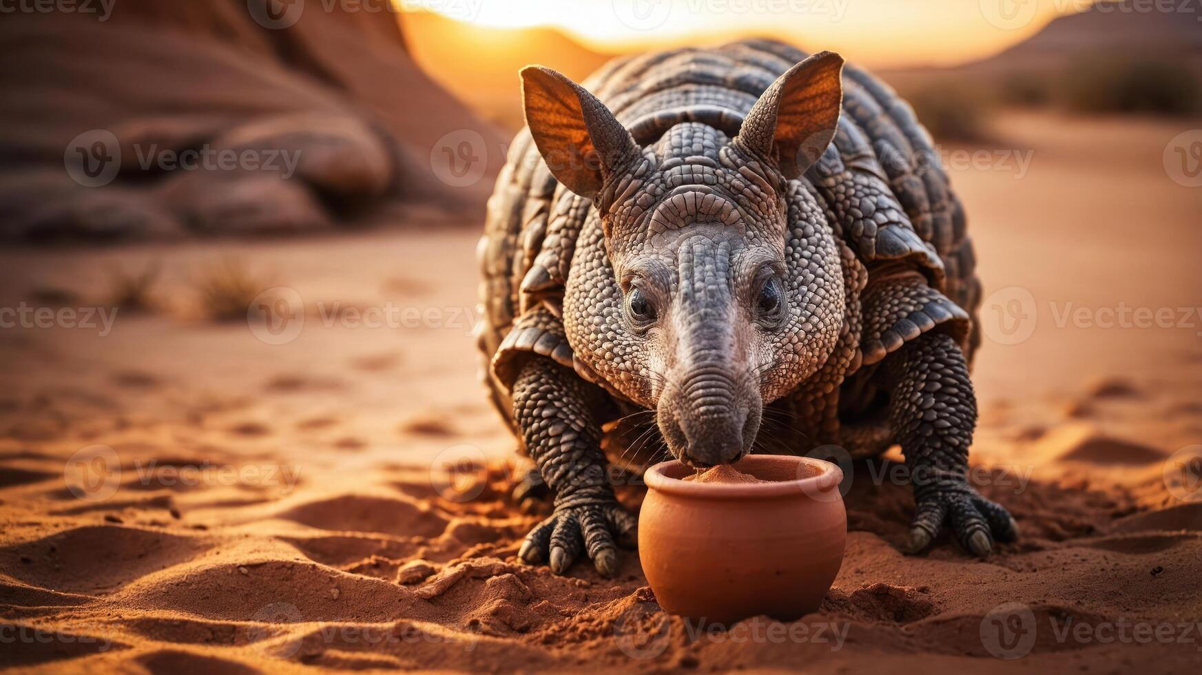 A cute armadillo interacts with a small pot in a desert landscape during sunset. photo