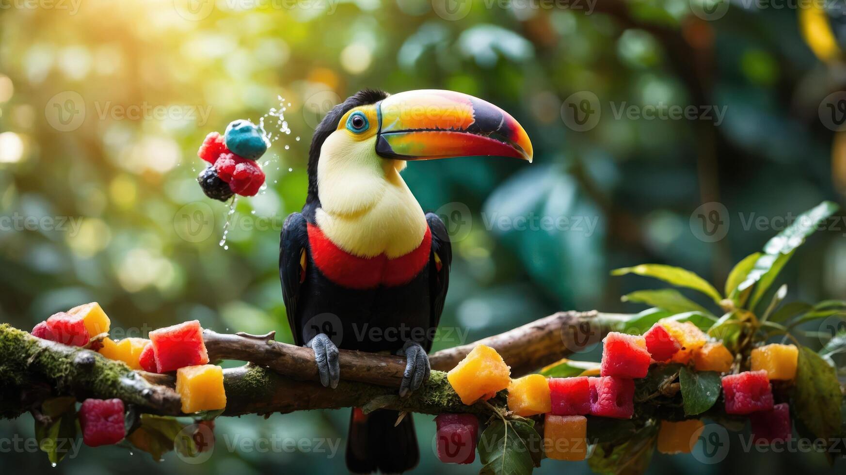 A colorful toucan perched on a branch surrounded by vibrant fruit in a lush environment. photo