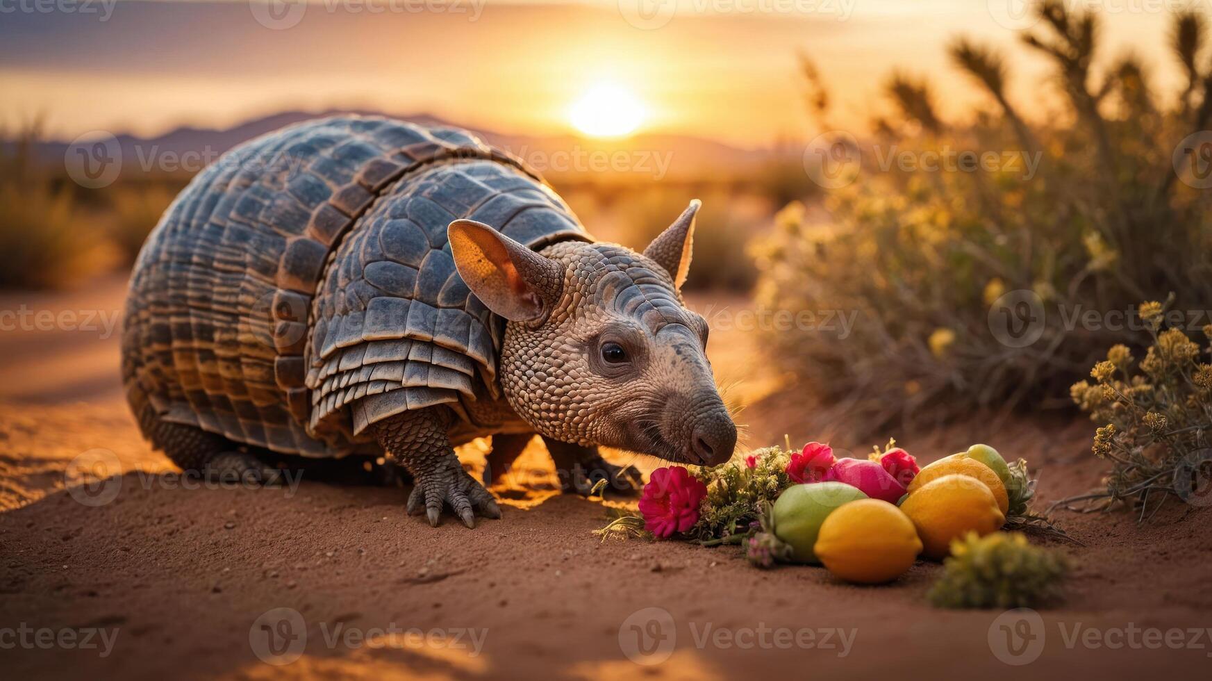 An armadillo curiously approaches a colorful arrangement of fruits and flowers at sunset. photo