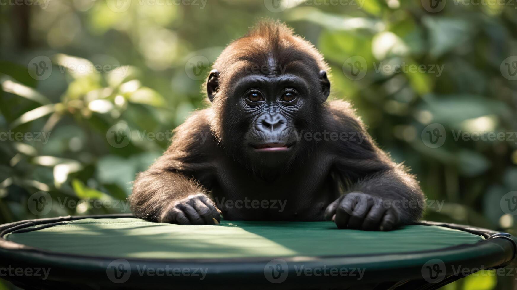 A young gorilla resting on a table amidst lush greenery. photo