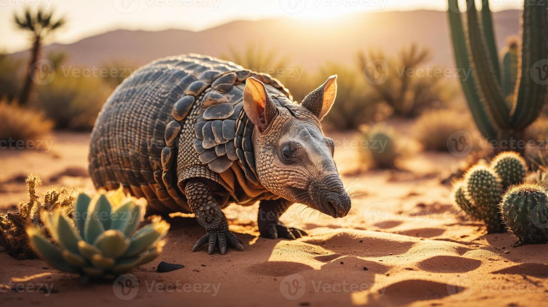 A close-up of an armadillo in a desert landscape during sunset, surrounded by cacti. photo