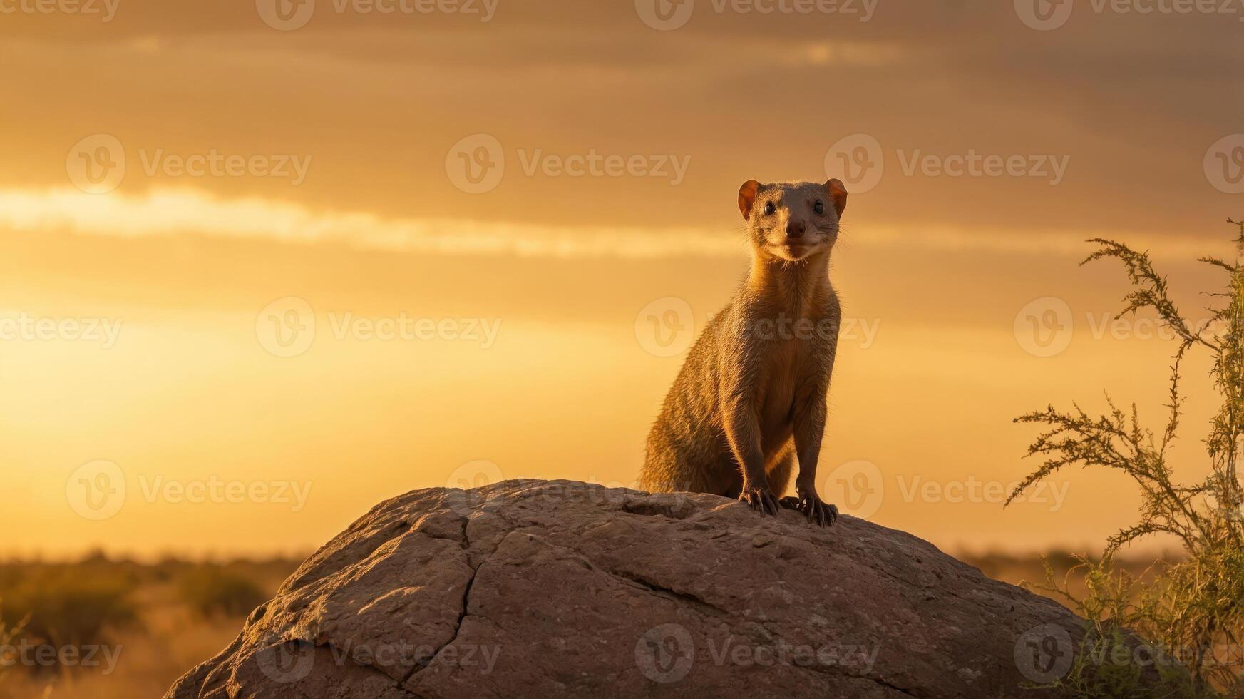 A mongoose stands on a rock against a sunset backdrop, showcasing wildlife in nature. photo