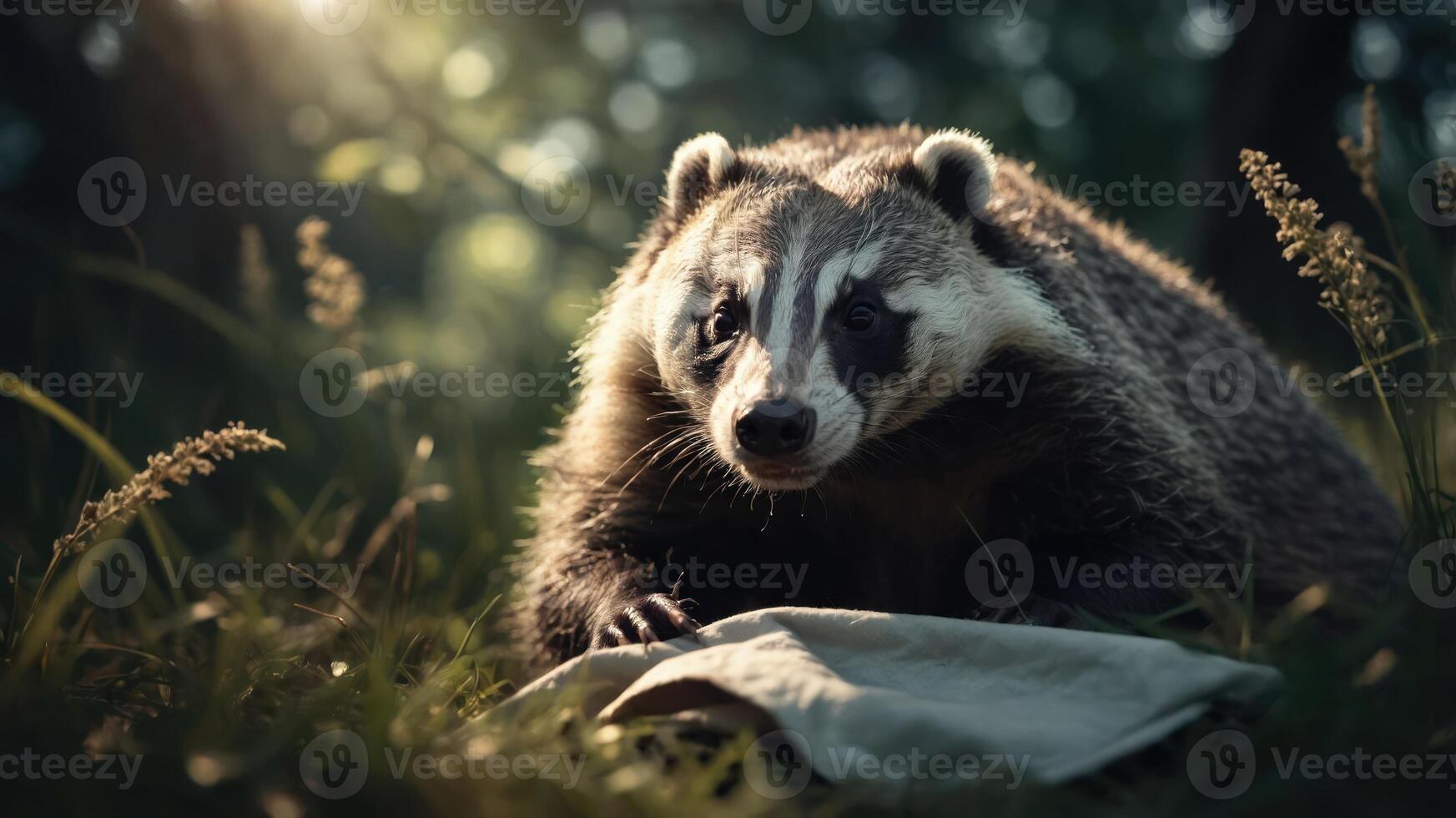 A close-up of a badger in a natural setting, surrounded by grass and soft sunlight. photo