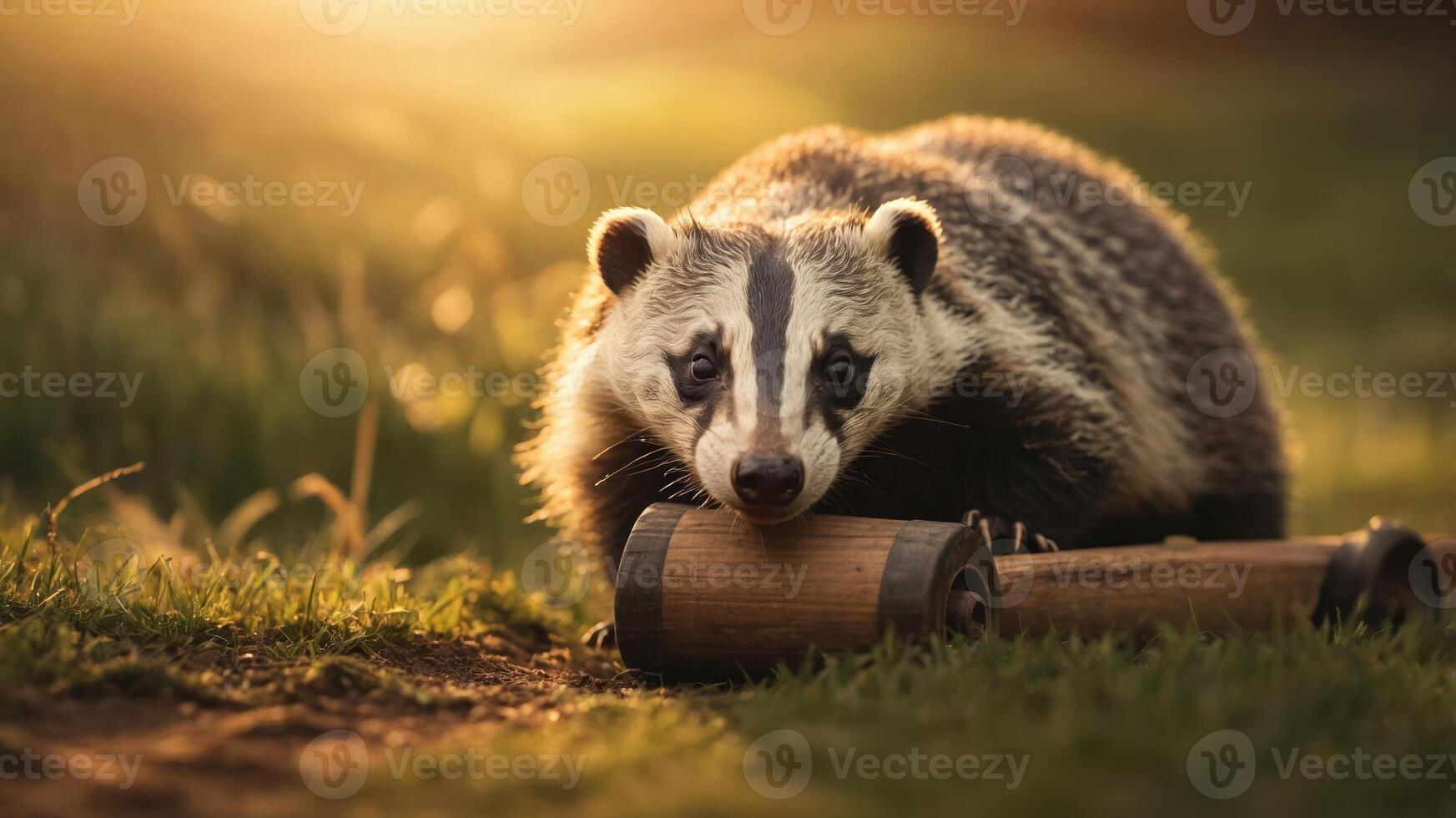 A badger interacts playfully with a wooden object in a sunlit grassy setting. photo