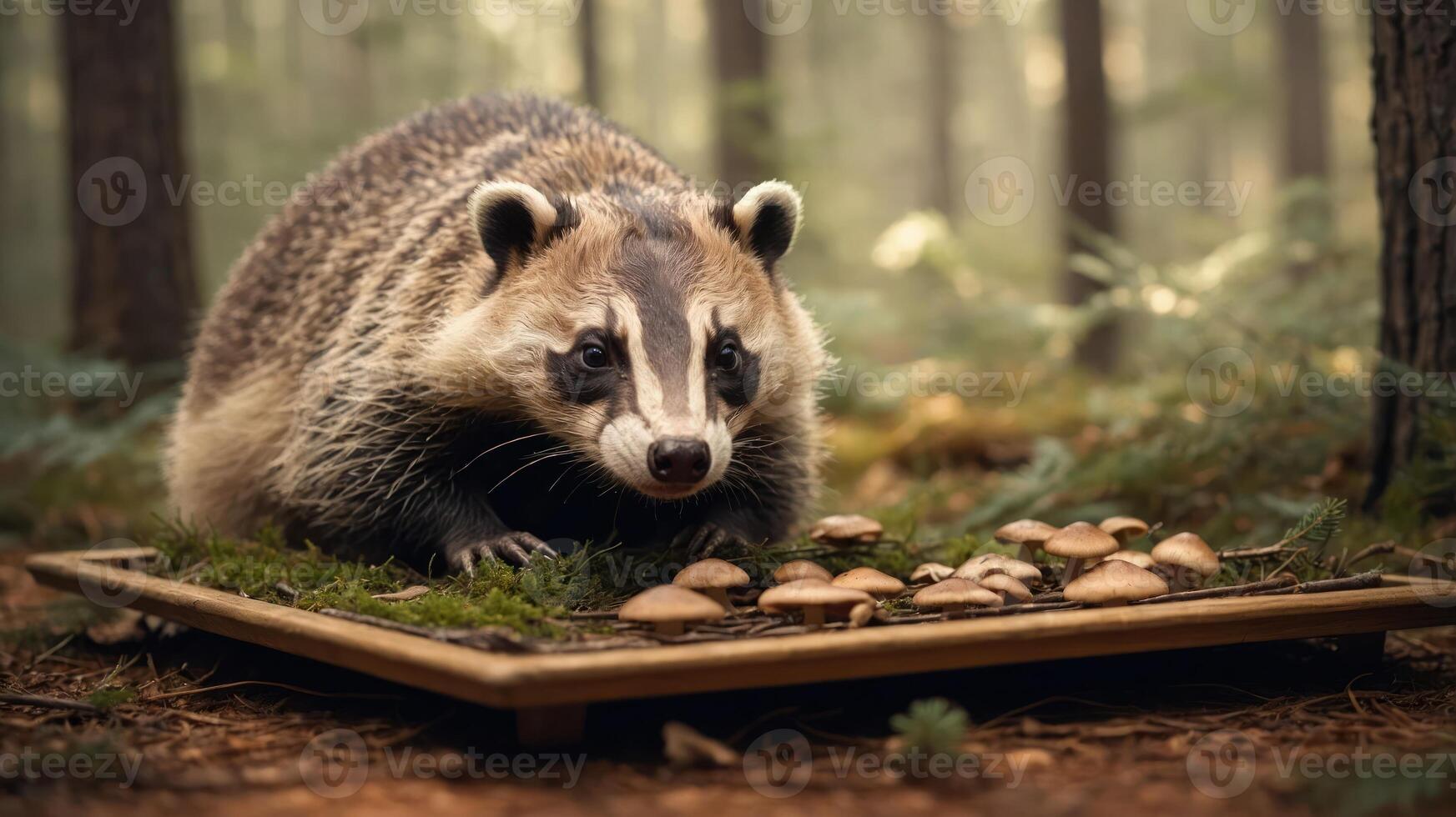 A raccoon exploring a wooden tray of mushrooms in a serene forest setting. photo