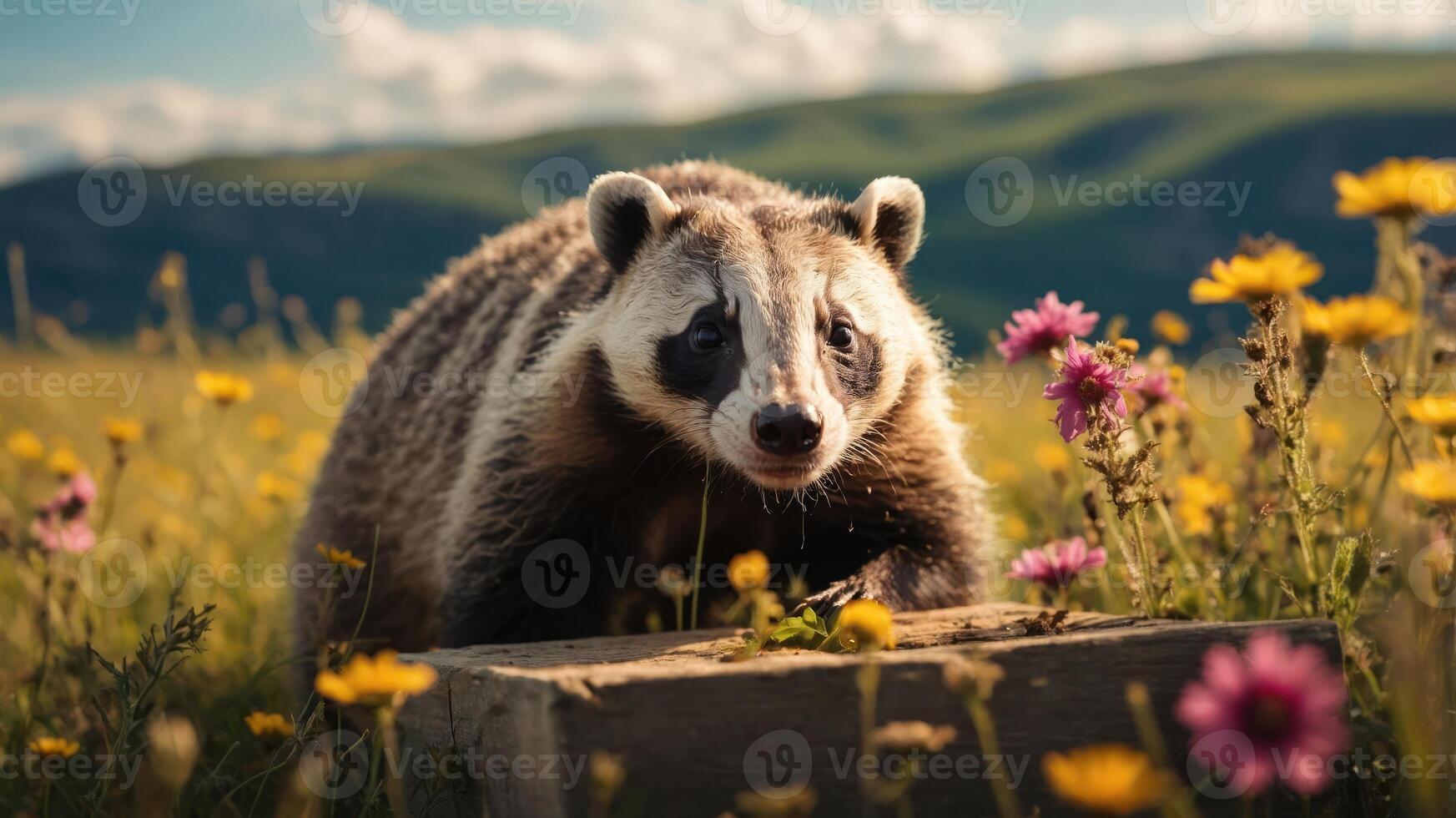 A close-up of a badger in a flower-filled field during a sunny day. photo