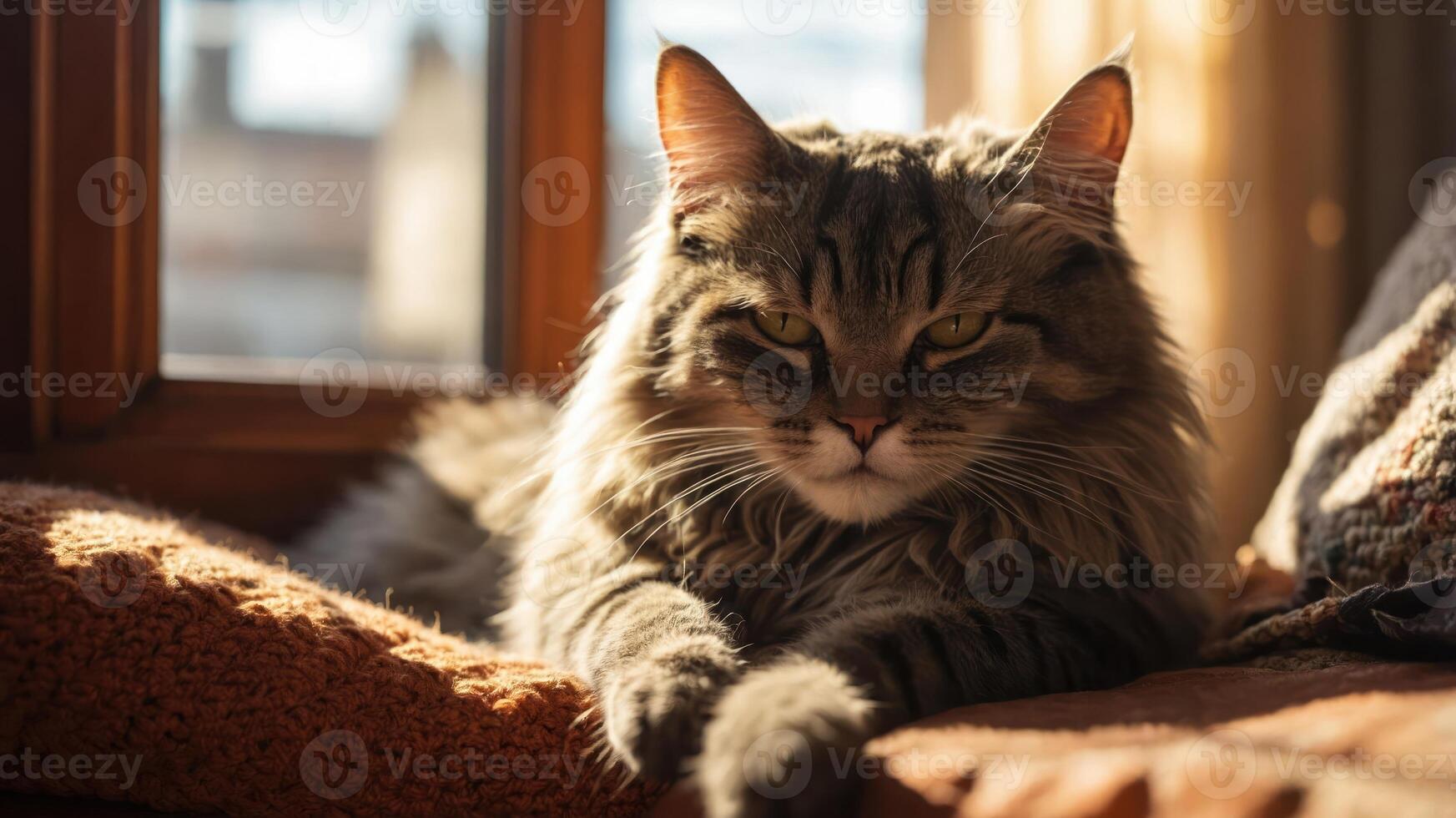 A serene cat lounging in sunlight by a window, exuding calmness and comfort. photo