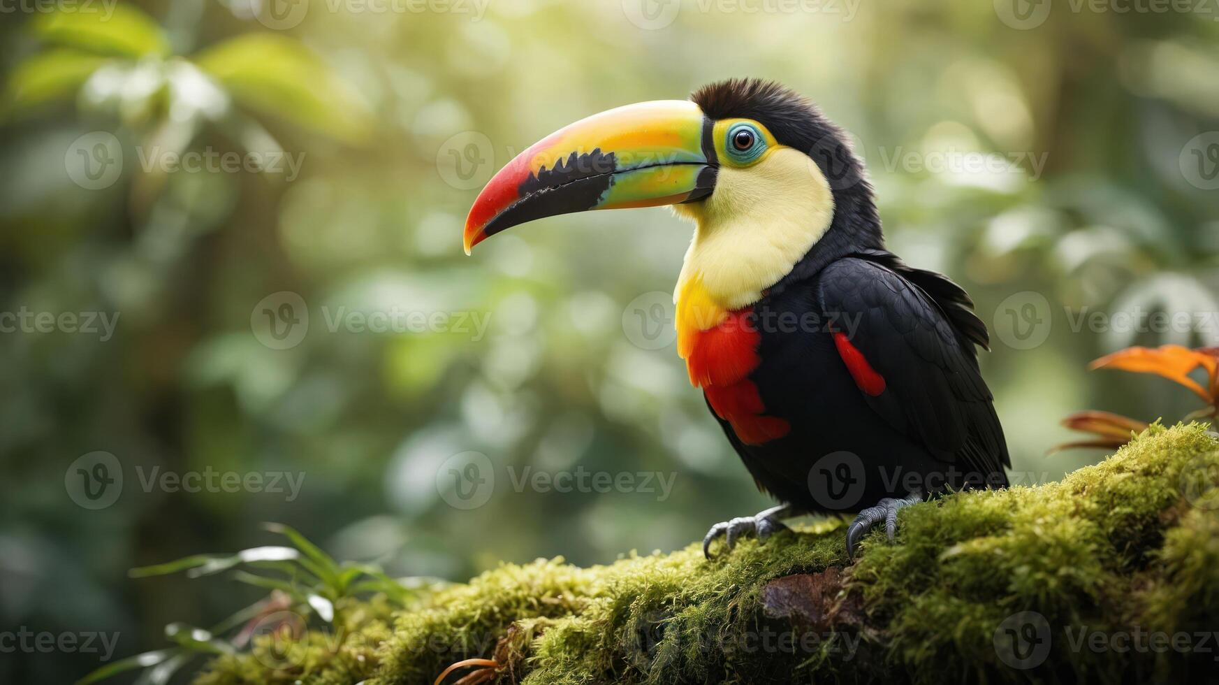 A vibrant toucan perched on a mossy log in a lush tropical forest. photo