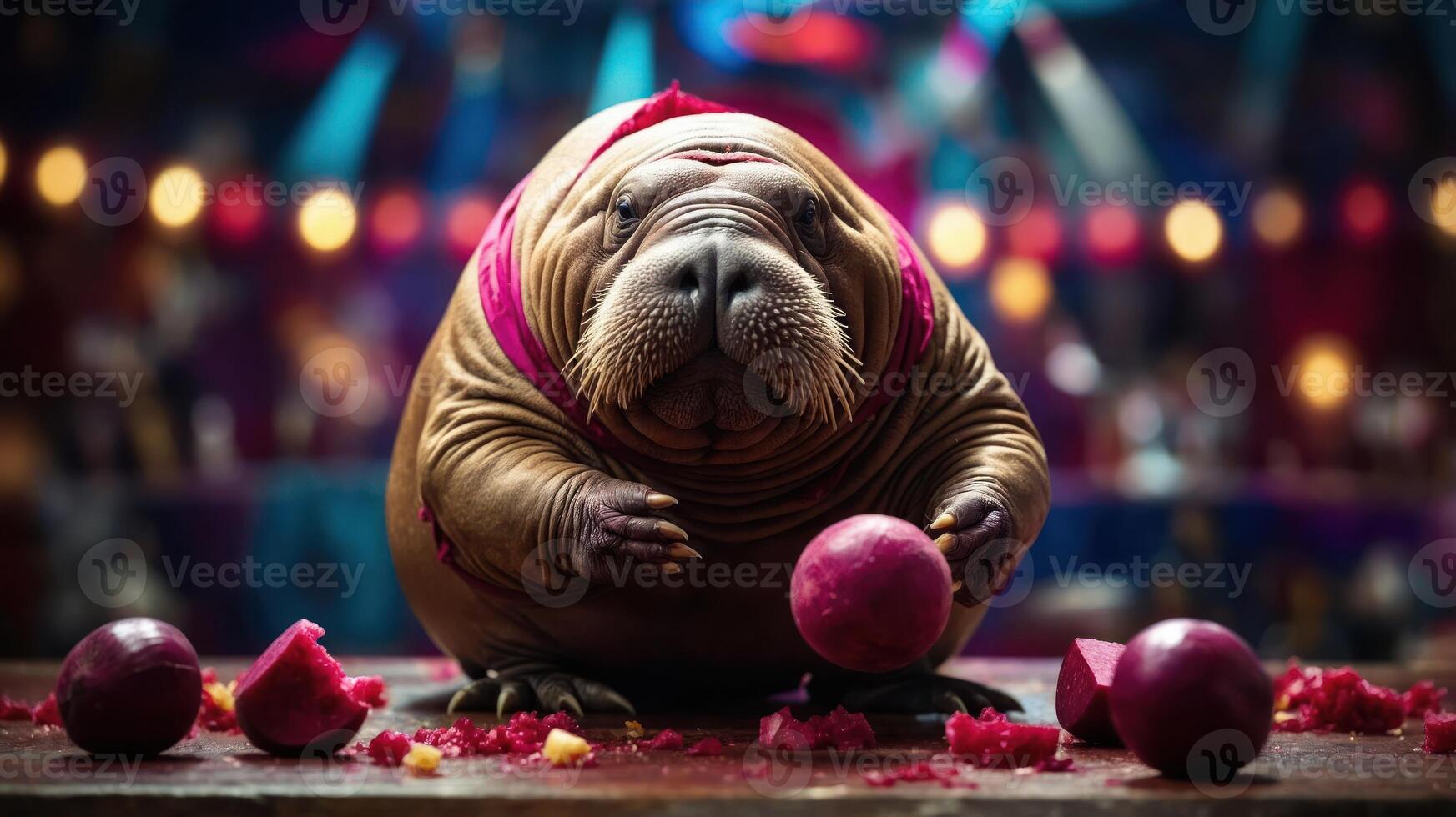 A whimsical walrus enjoying a colorful feast on a vibrant stage. photo