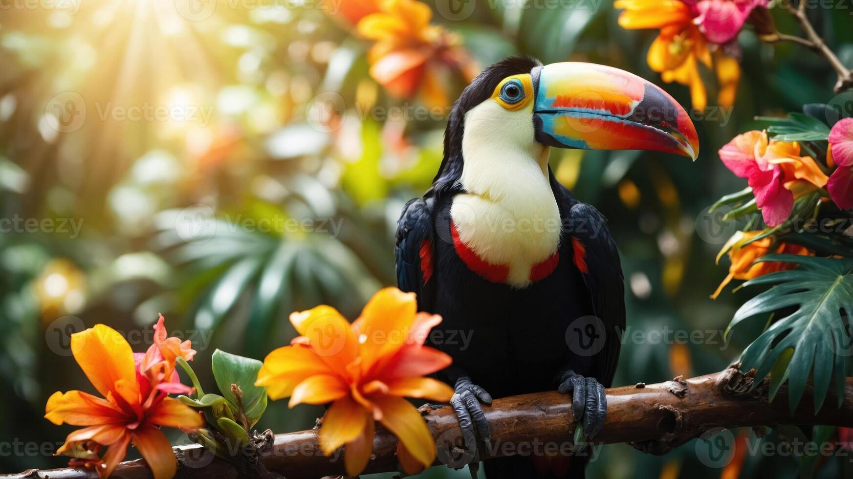 A vibrant toucan perched on a branch surrounded by colorful flowers in a lush environment. photo