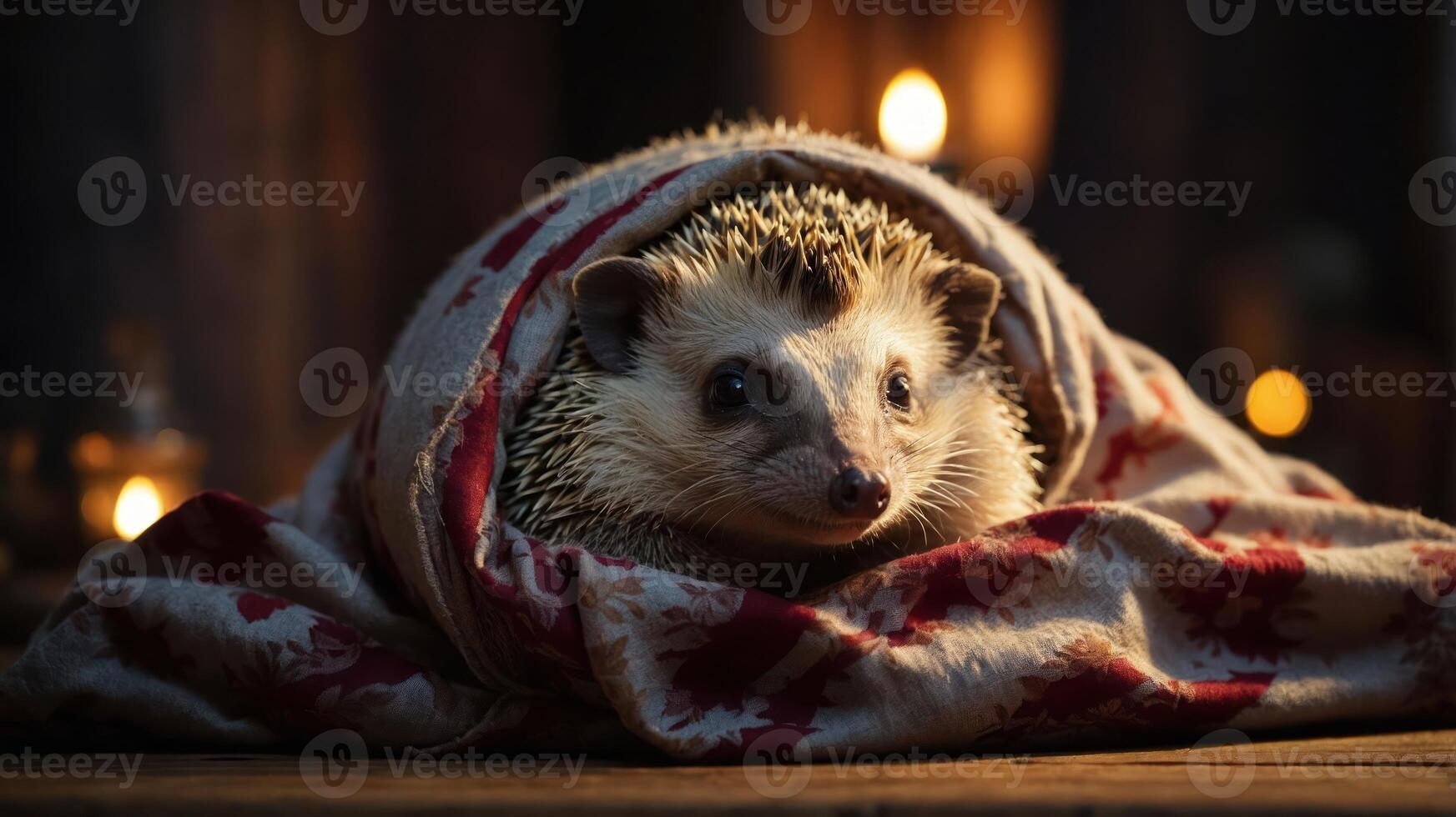 A hedgehog wrapped in a cozy blanket, illuminated by soft candlelight. photo