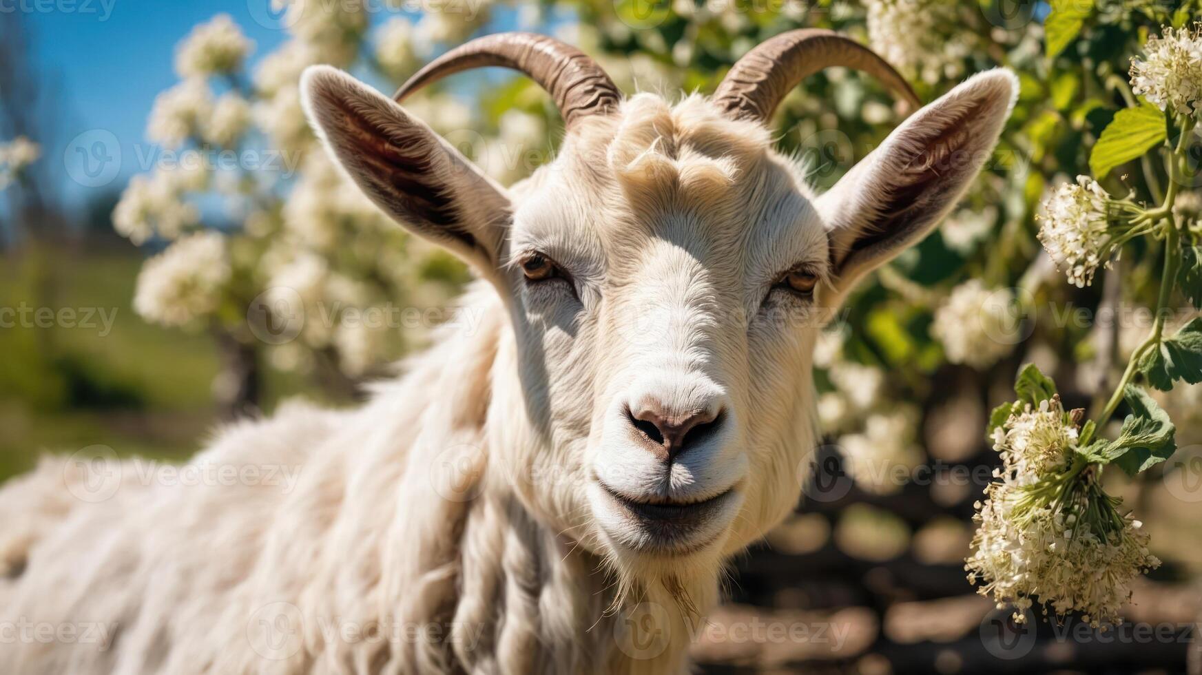 A close-up of a smiling goat amidst blooming flowers in a sunny environment. photo