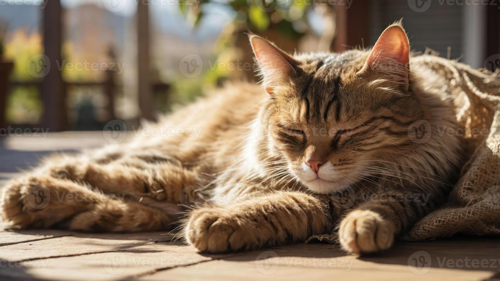 A sleeping cat basking in sunlight on a warm surface. photo