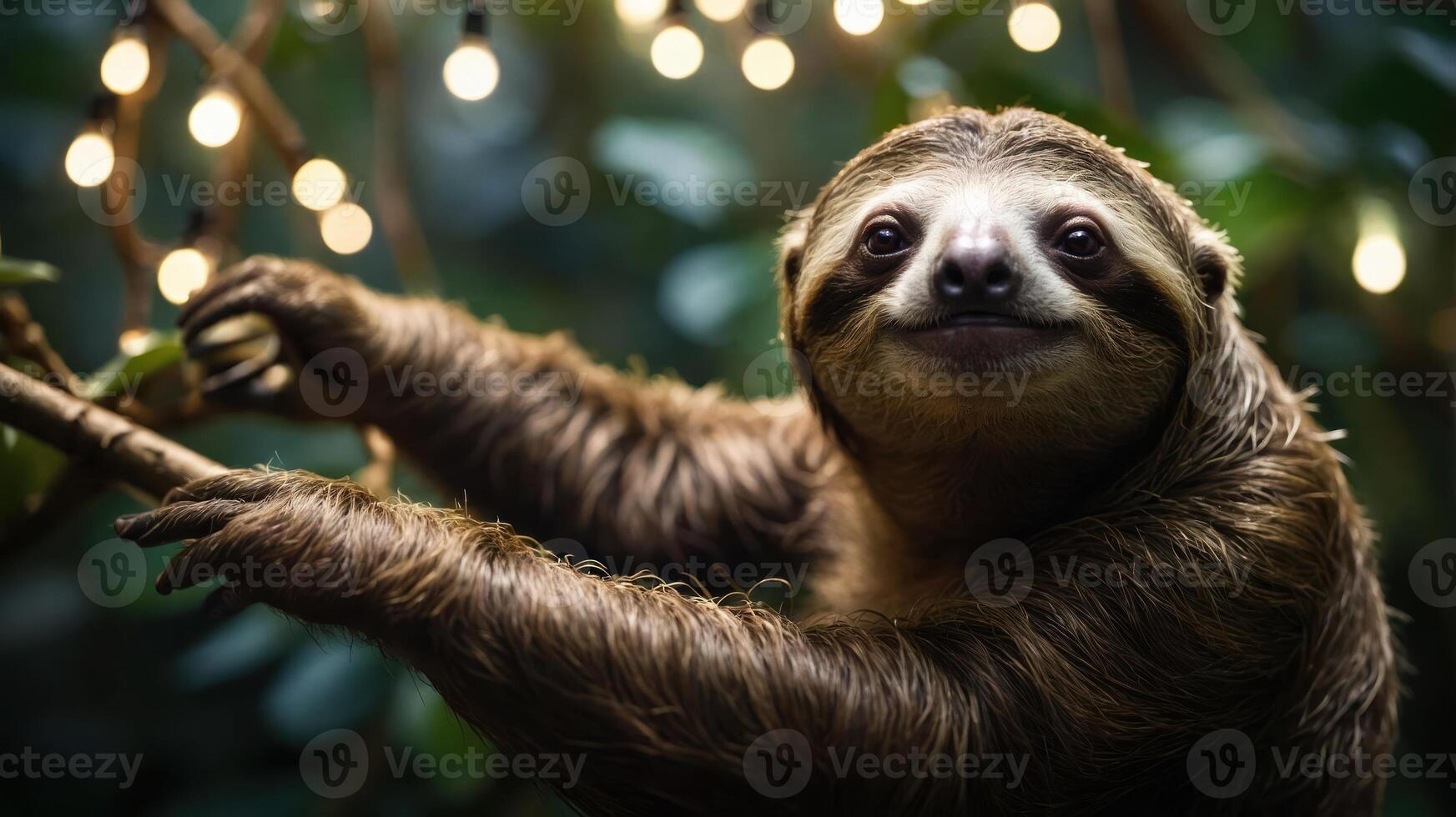 A sloth hanging on a branch with decorative lights in a lush environment. photo