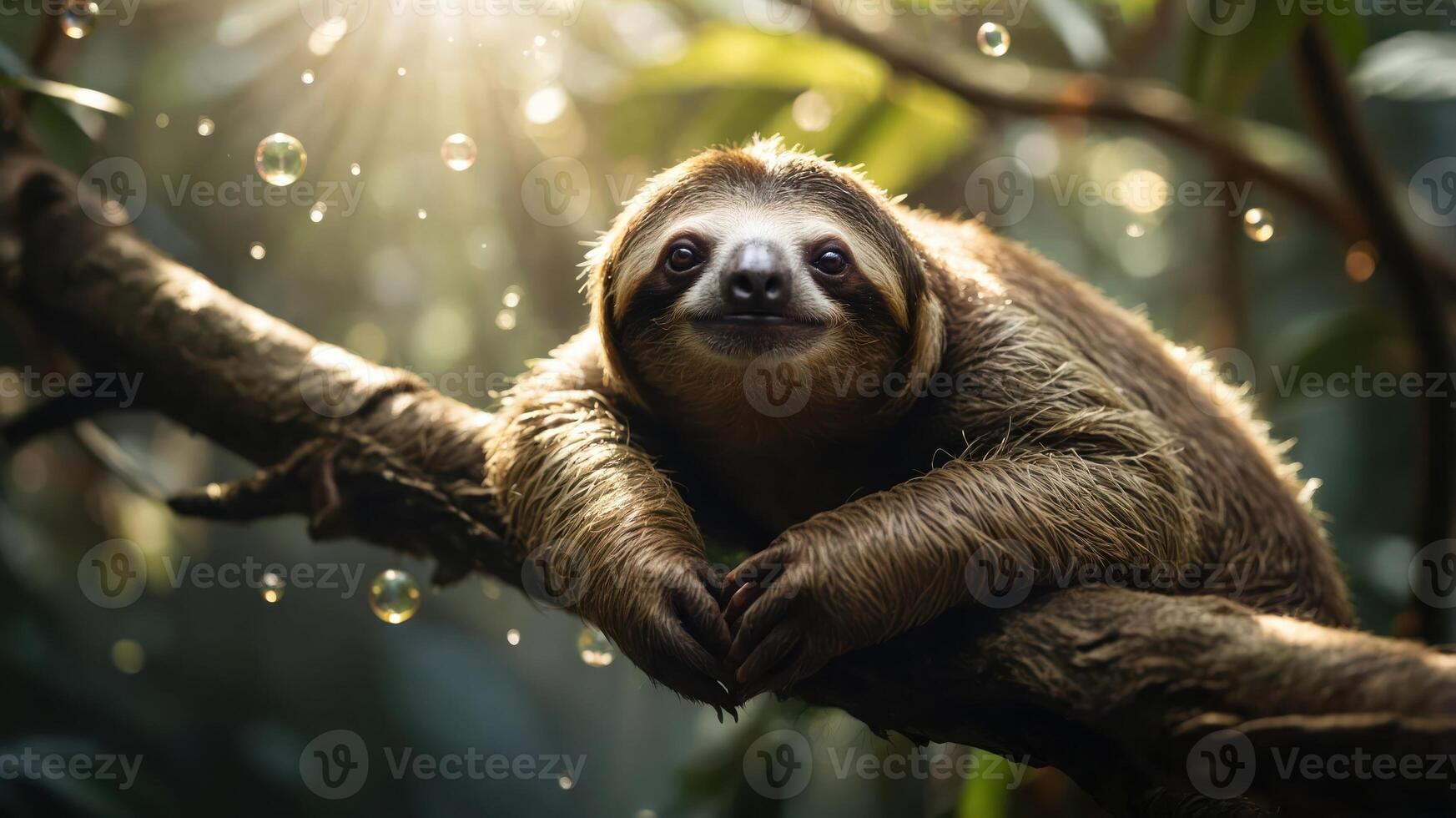 A sloth lounging on a branch in a sunlit forest, surrounded by droplets of water. photo