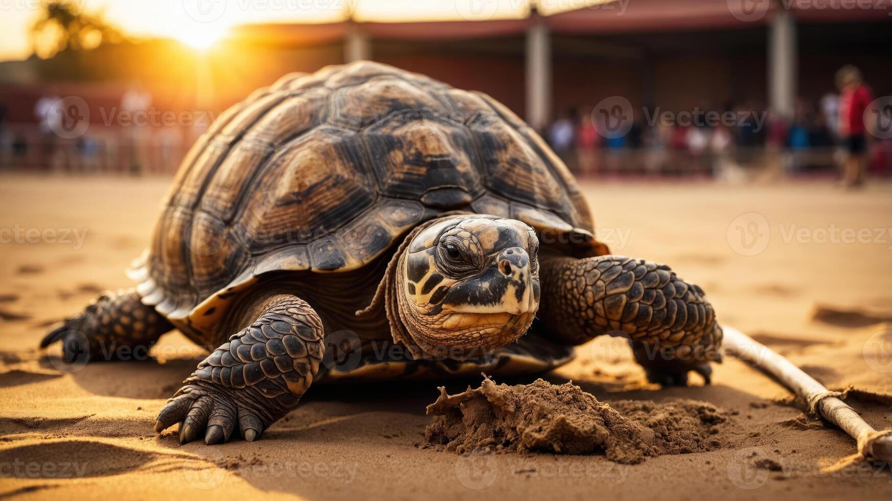 A tortoise crawling on sandy ground with a sunset backdrop. photo