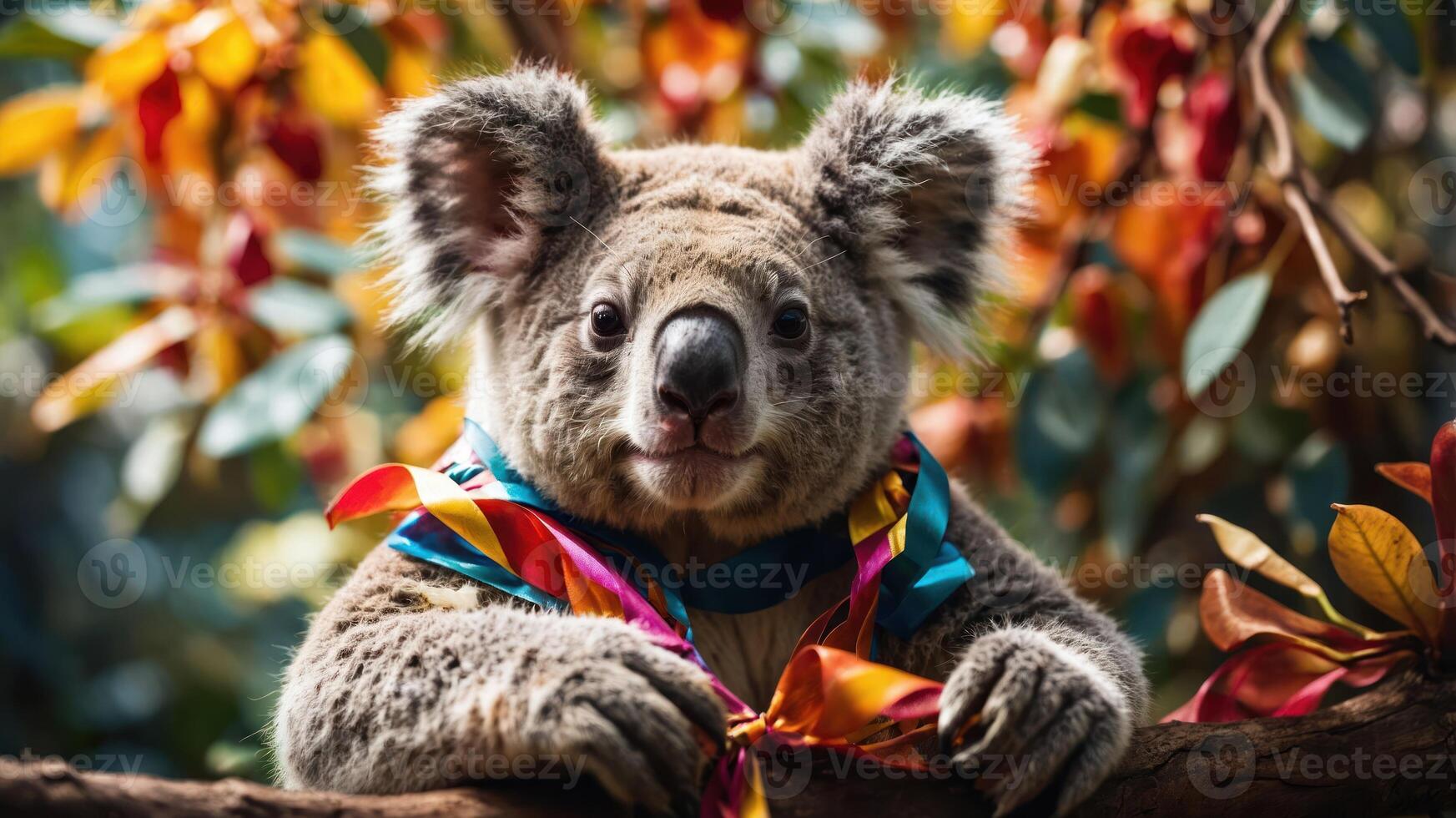 A koala adorned with colorful ribbons, surrounded by autumn foliage. photo