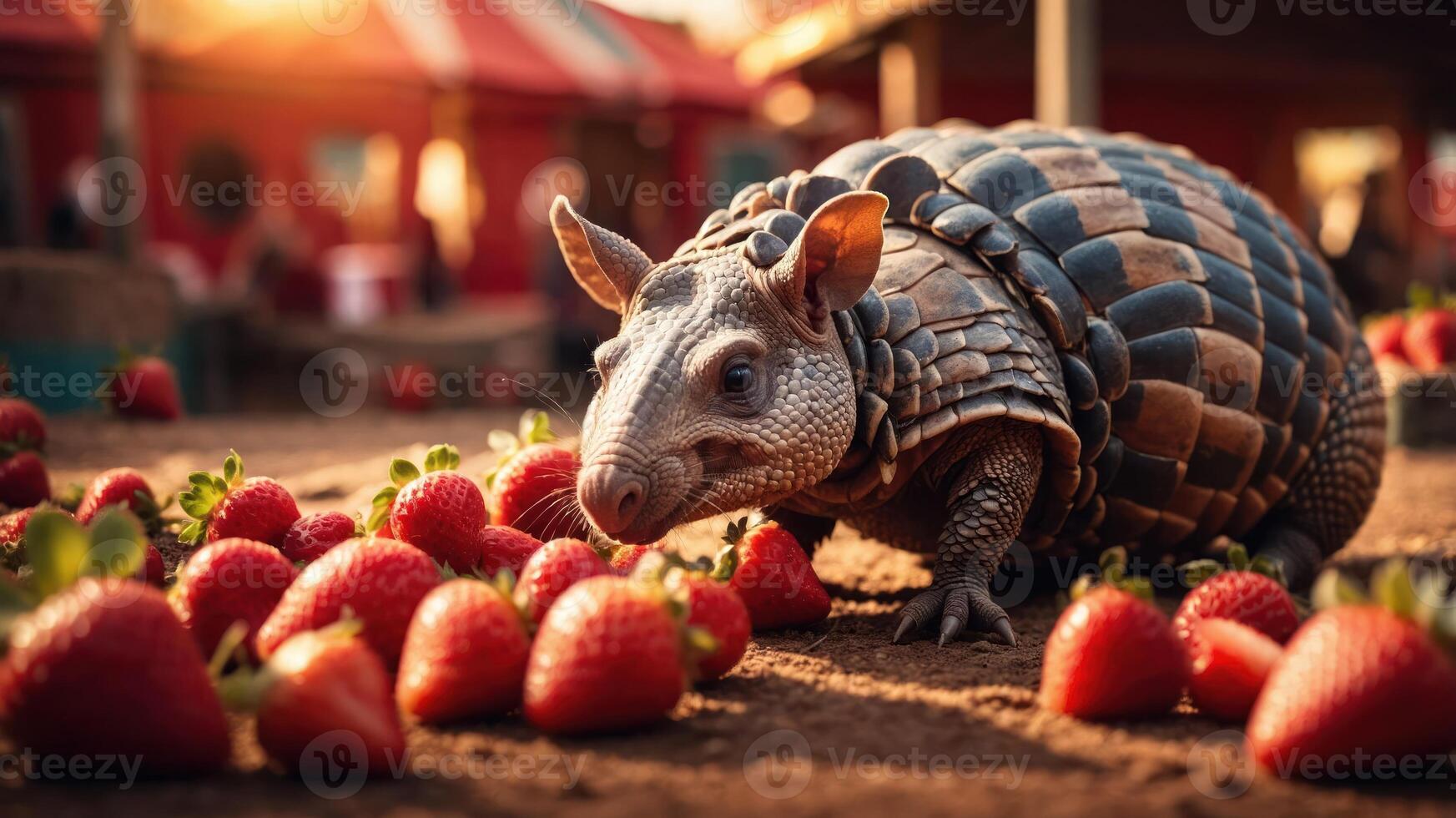A cute armadillo forages among fresh strawberries in a vibrant outdoor setting. photo
