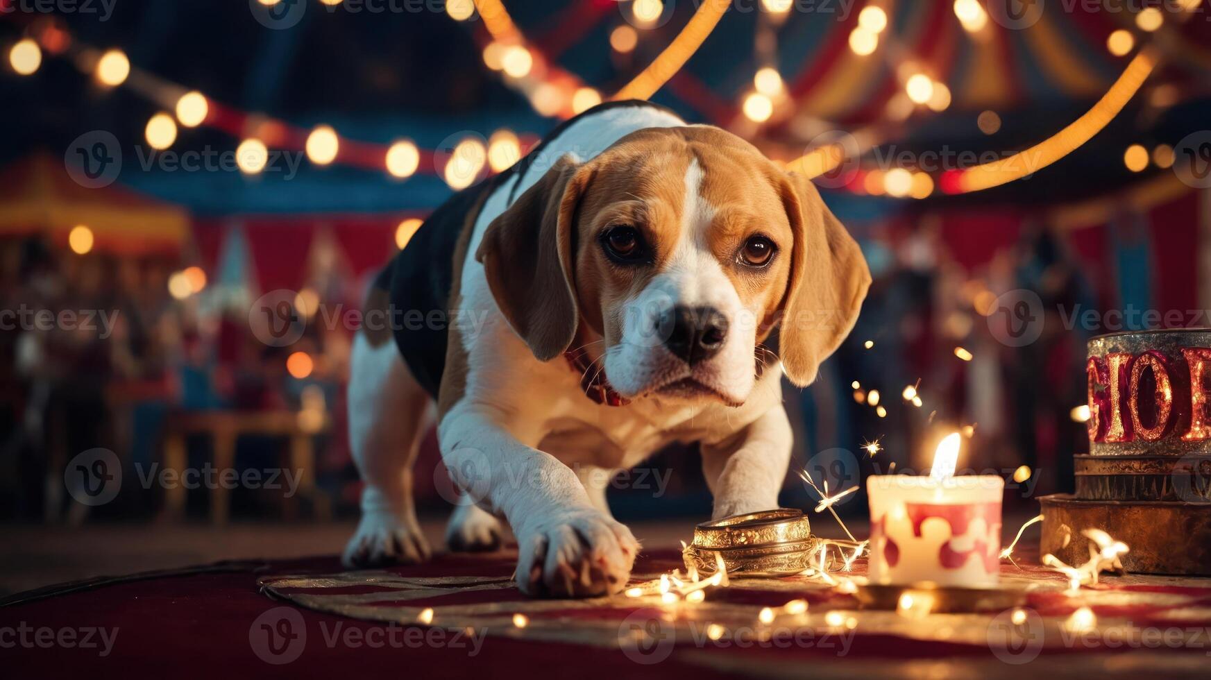 A beagle performing in a circus, surrounded by festive lights and a candle. photo