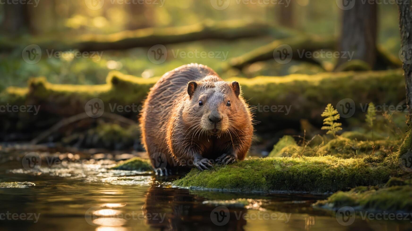 A beaver stands on a mossy log by the water in a serene forest setting. photo
