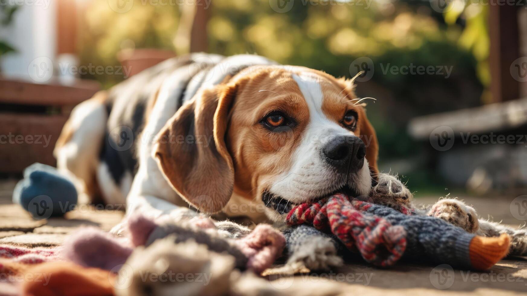 A beagle playing with a toy in a sunny outdoor setting. photo