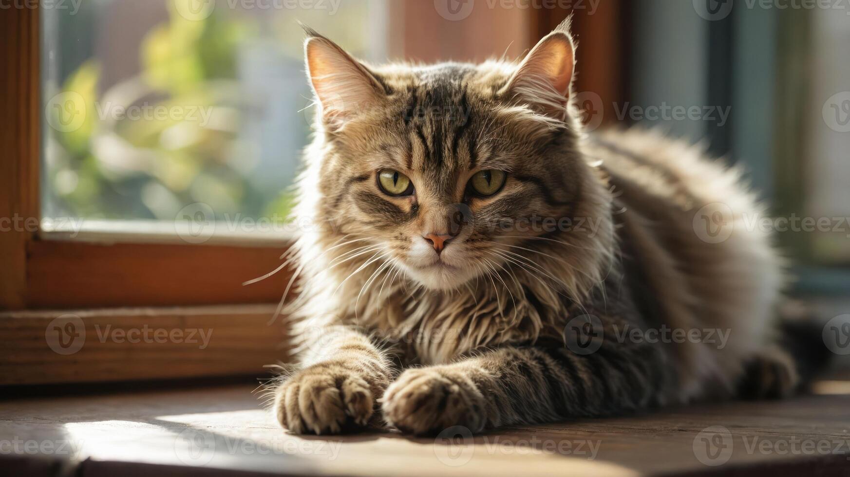 A fluffy cat lounging by a window with natural light illuminating its fur. photo