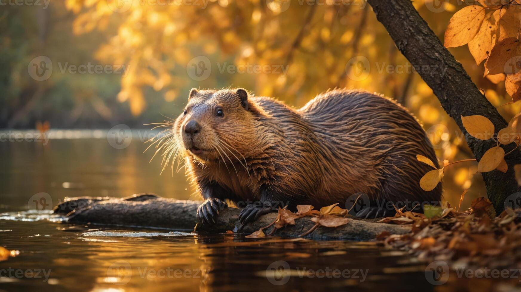 A beaver resting on a log by the water, surrounded by autumn foliage. photo