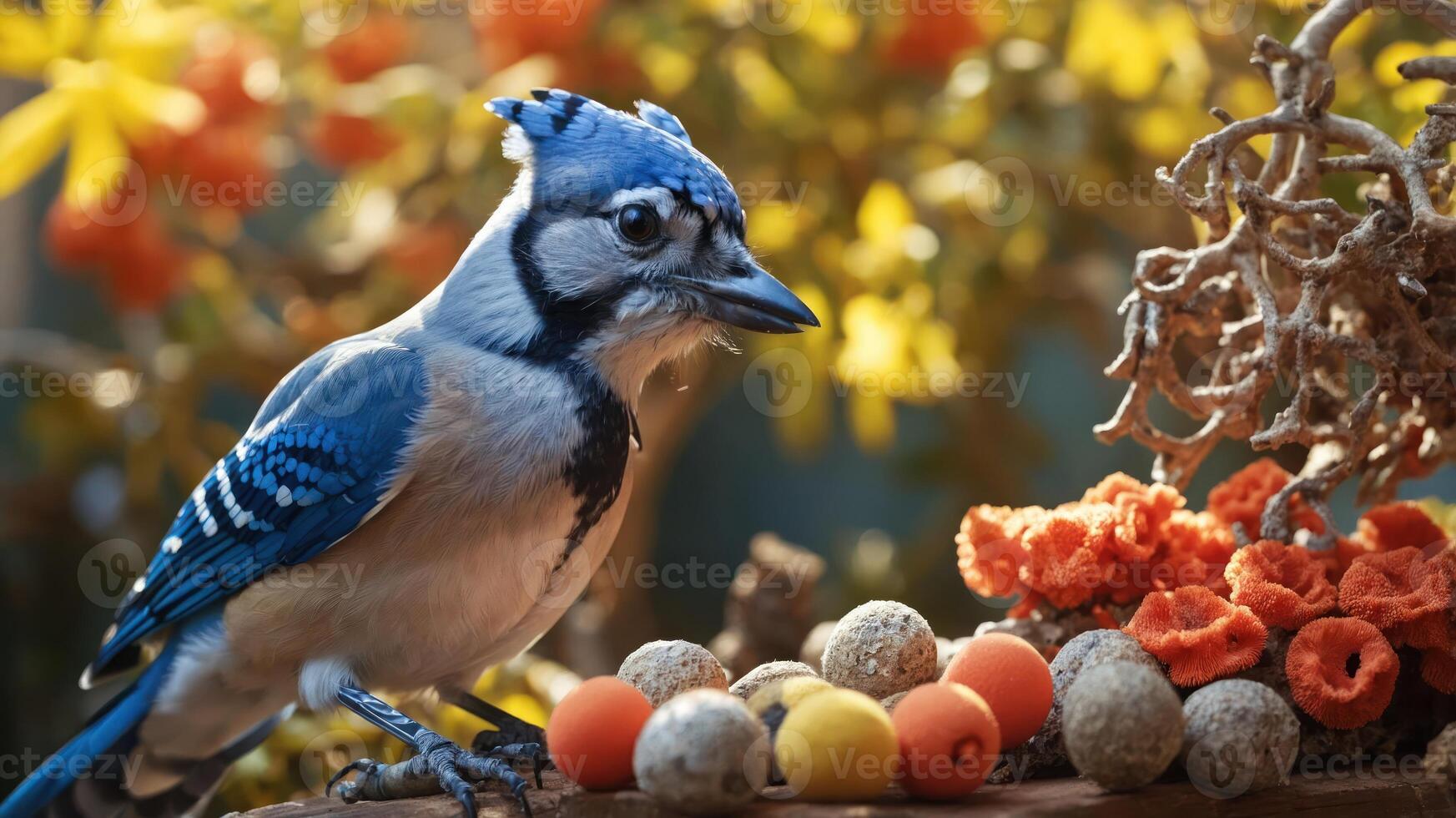 A blue jay perched near colorful fruits and berries in a natural setting. photo