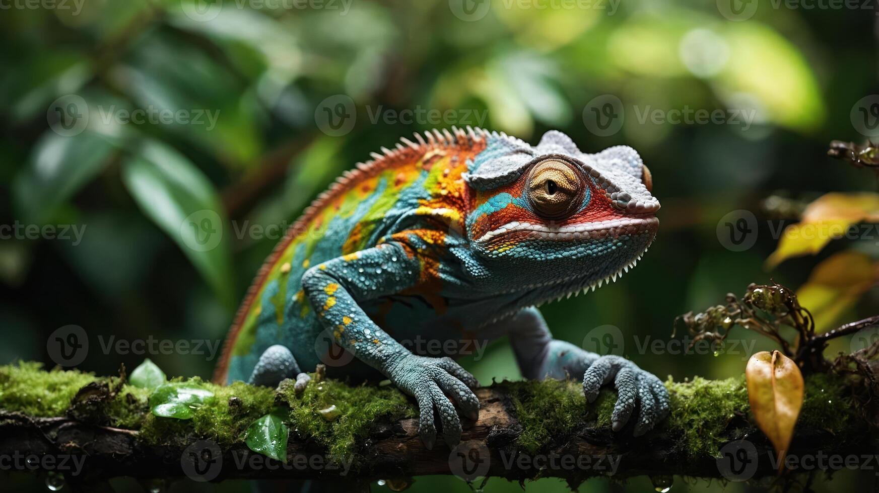 A vibrant chameleon perched on a mossy branch in a lush, green environment. photo