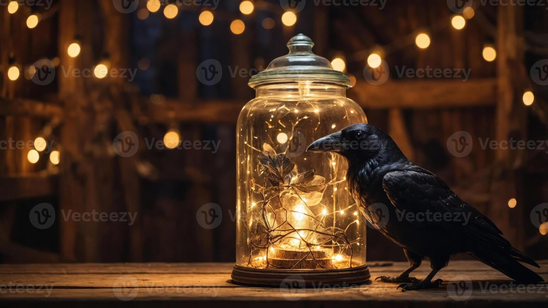 A raven beside a glowing jar filled with fairy lights, creating a mystical atmosphere. photo