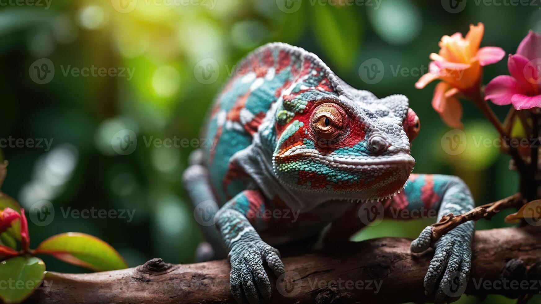 A vibrant chameleon perched on a branch amidst lush greenery and flowers. photo