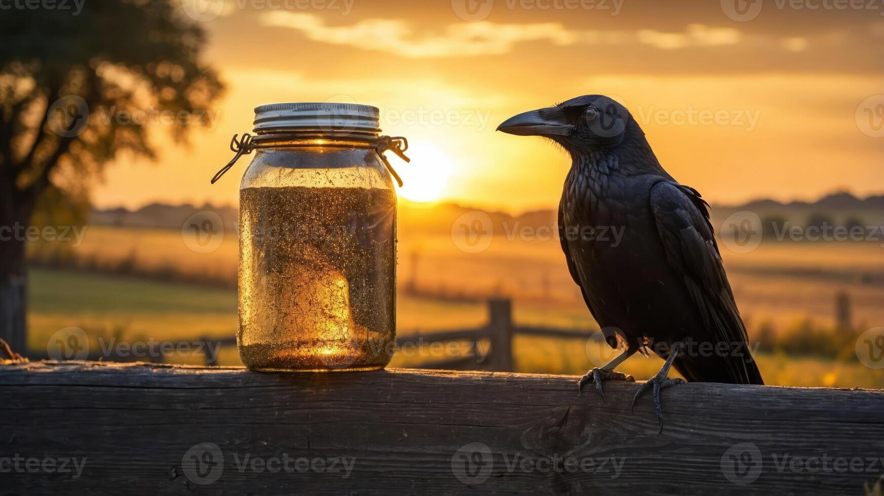 A crow beside a jar at sunset, capturing nature's beauty and curiosity. photo