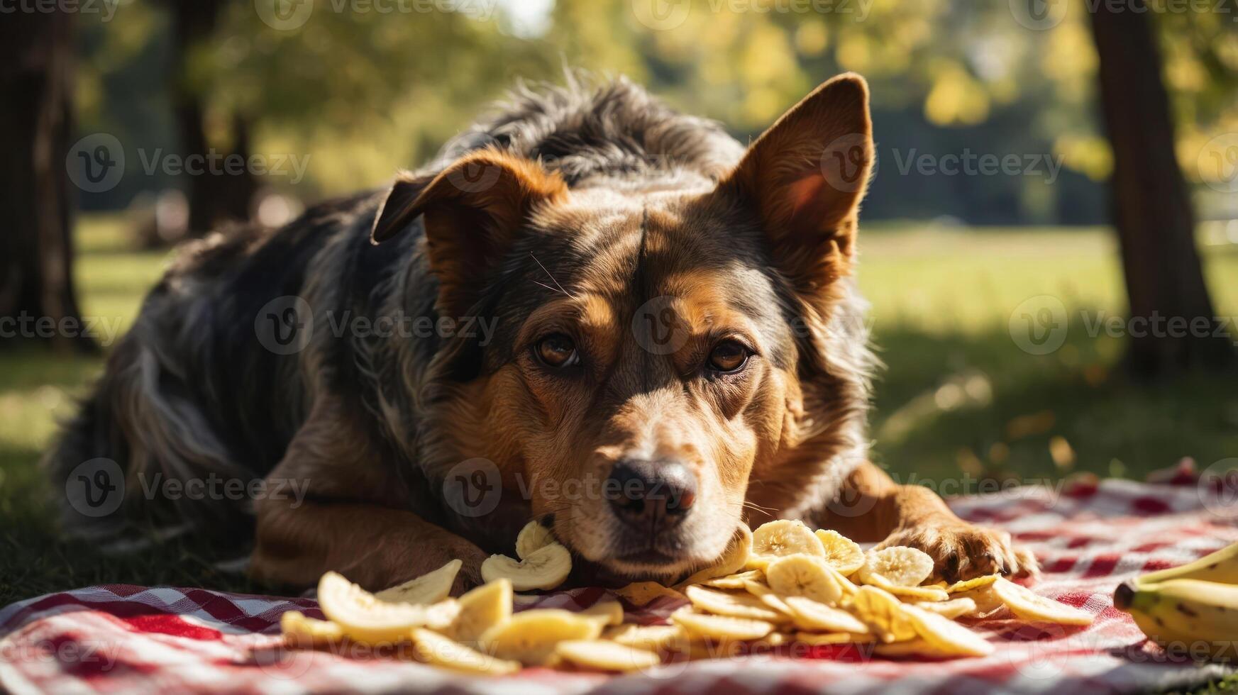 A dog resting on a picnic blanket surrounded by banana slices in a sunny park. photo